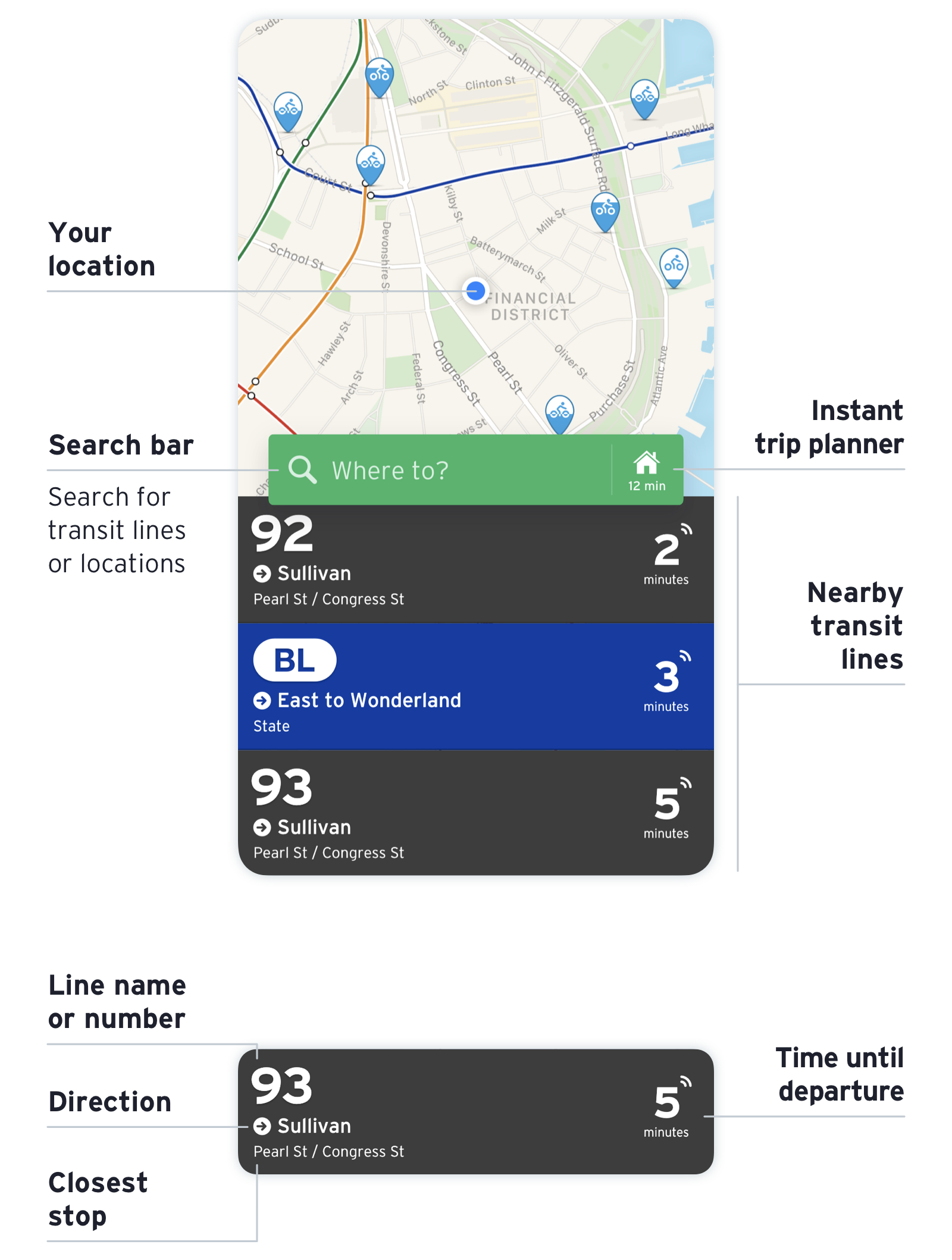 Screenshot of the Transit App showing a list of nearby transit routes and next departure times