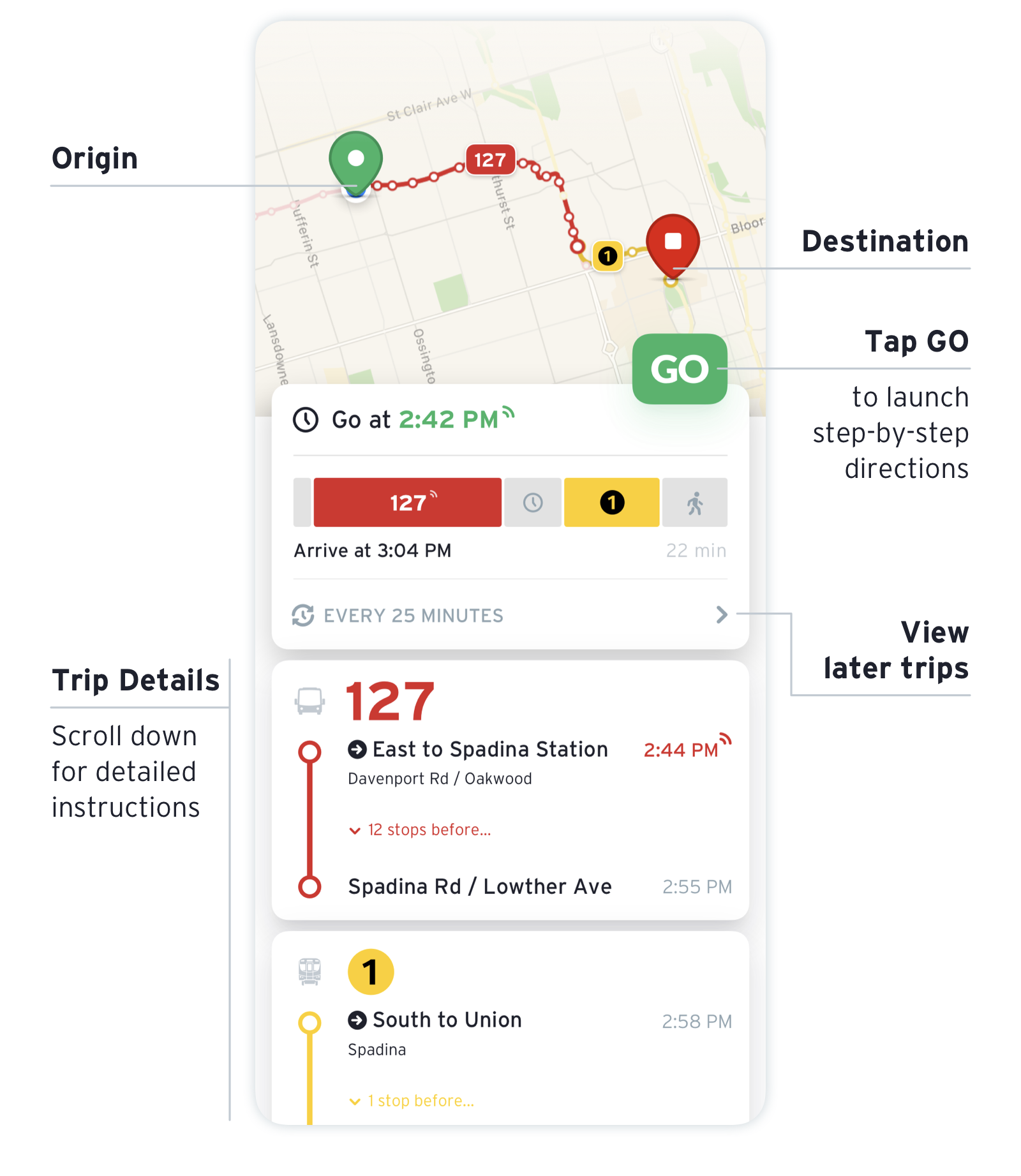 Transit App screenshot showing a detailed view of the entire trip