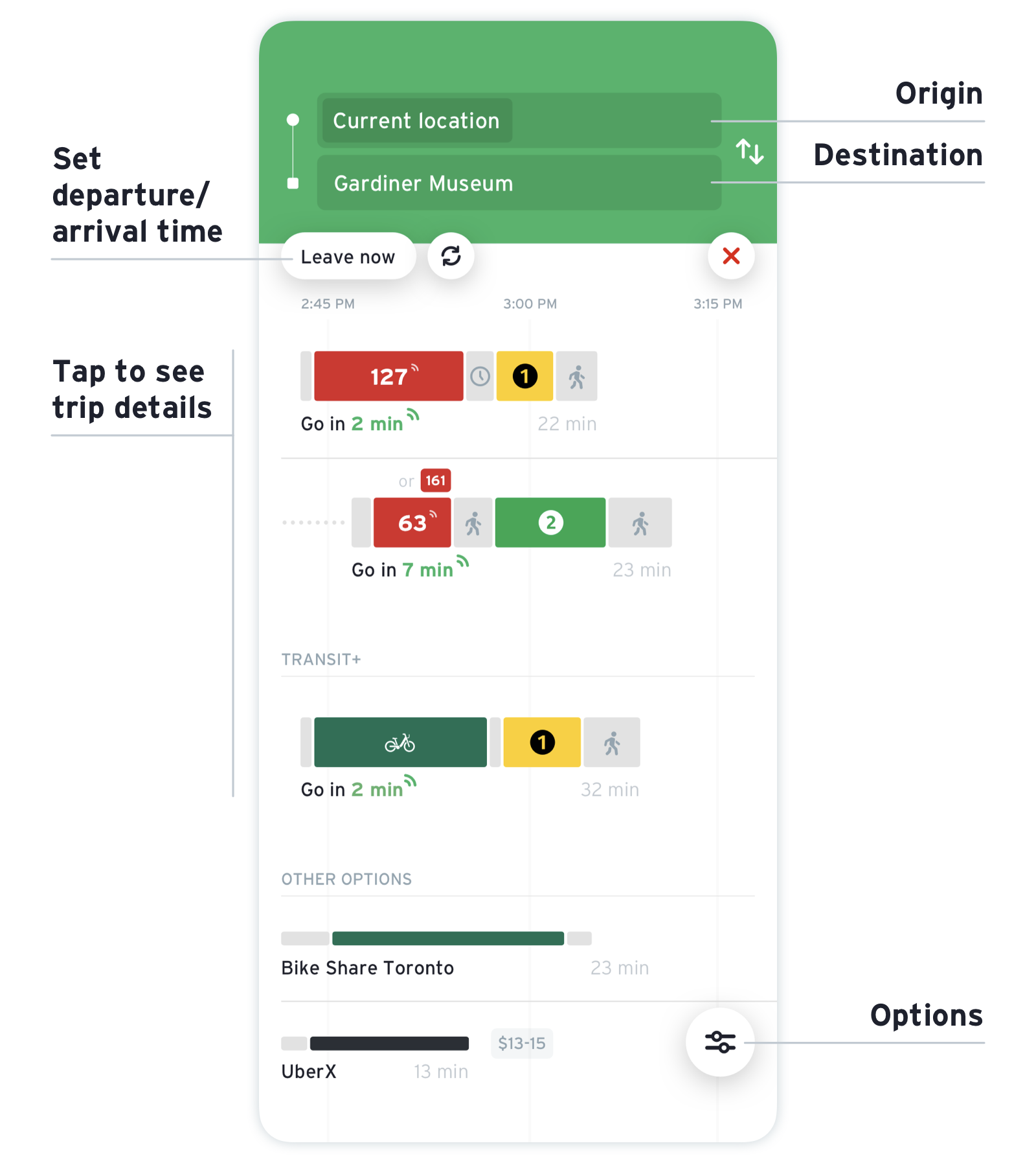 Transit App screenshot showing route options after typing in your destination