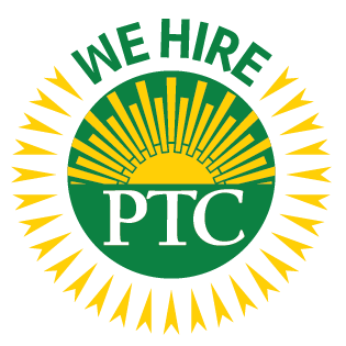 Green and gold logo that says "We Hire PTC"