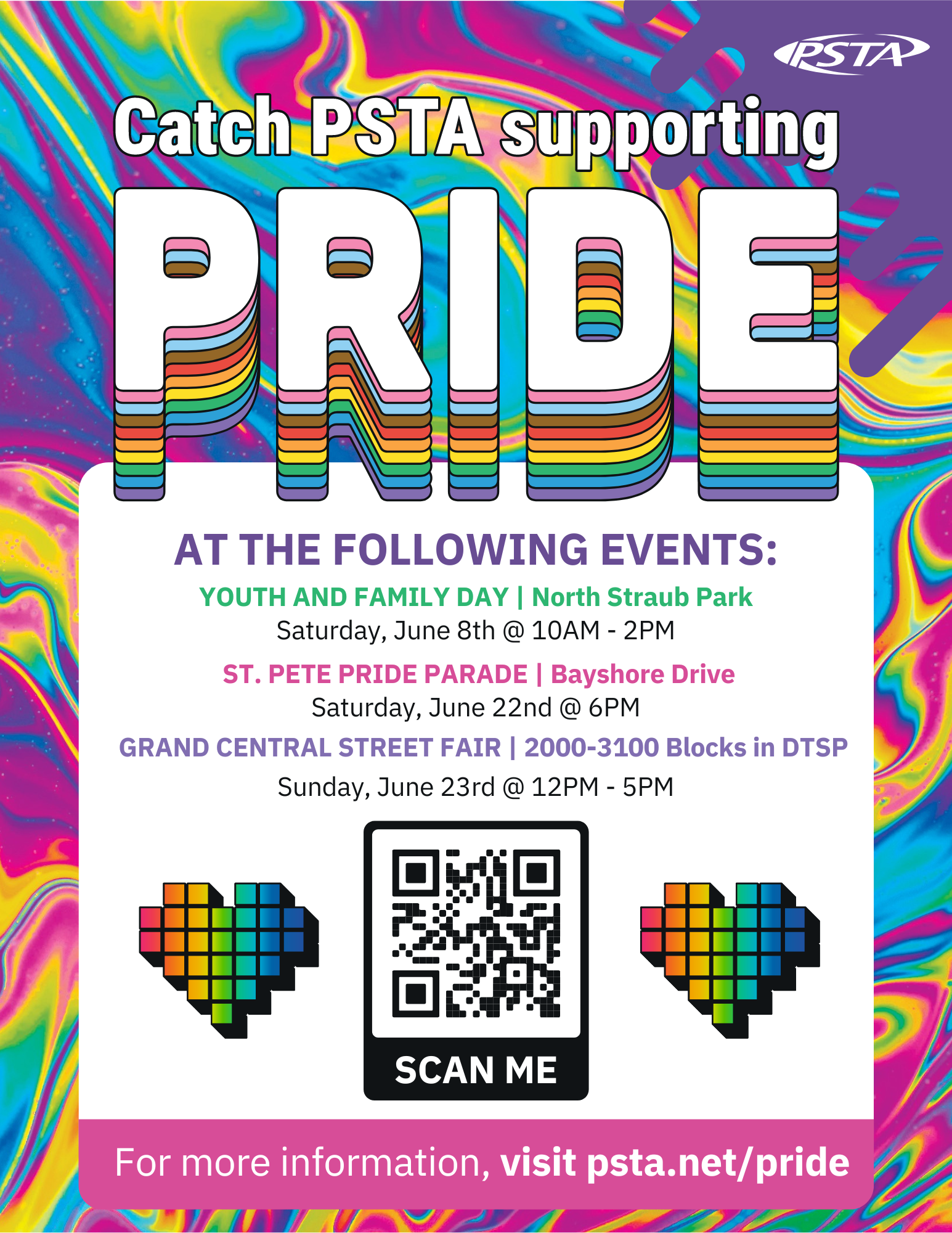 Poster showing what Pride events PSTA will attend, including Youth and Family Day on June 8th, St. Pete Pride Parade on June 22nd, and Grand Central Street Fair on June 23rd.