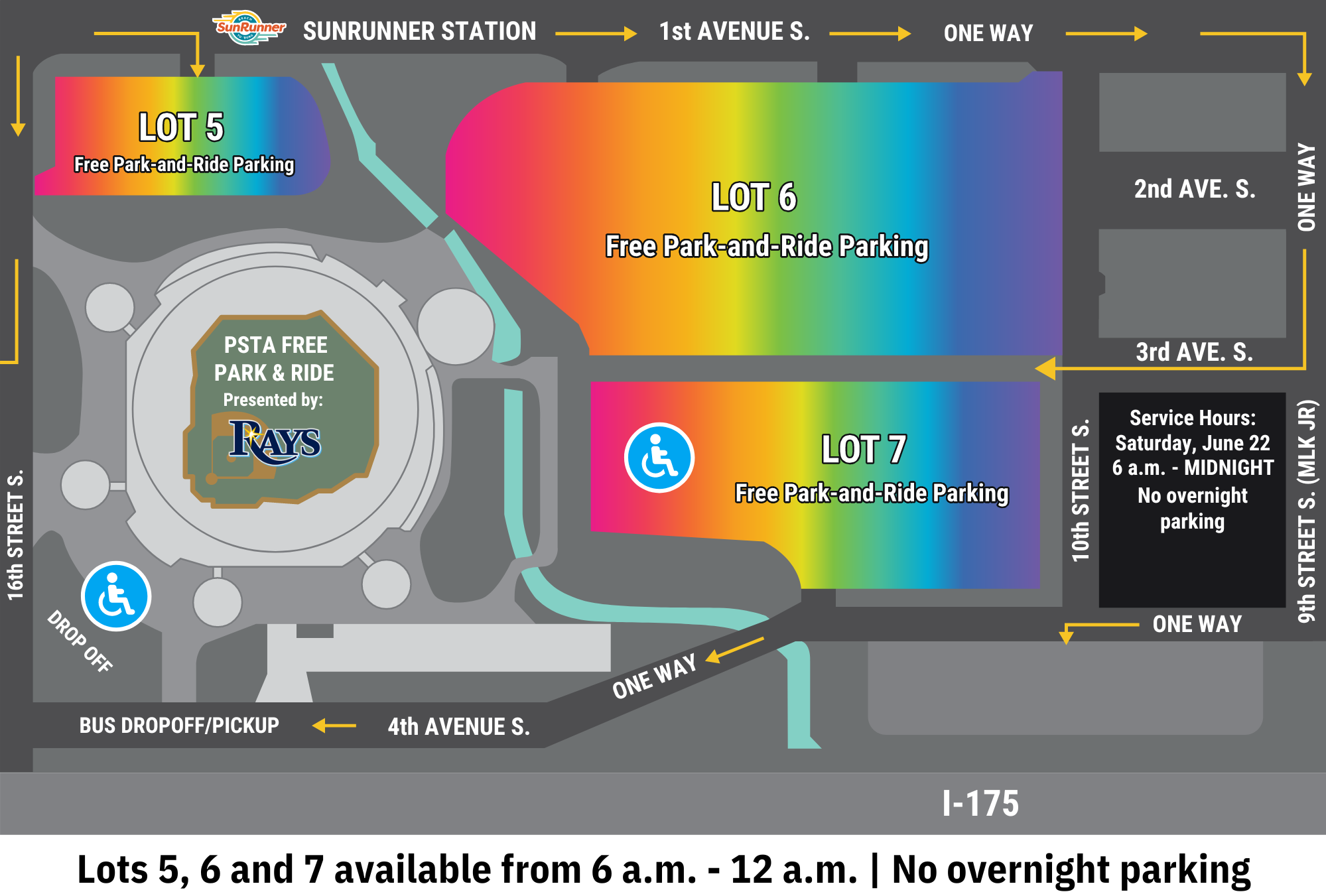 Map of Tropicana Field showing lots 5, 6, and 7 as the designated Park & Ride lots