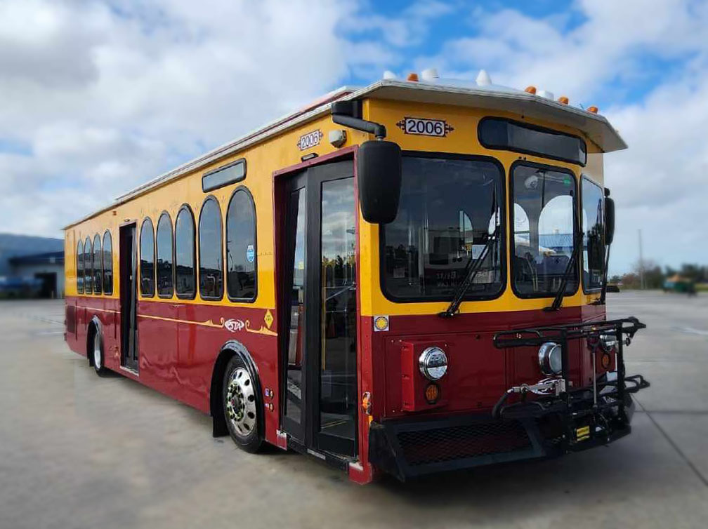 A photo of the Central Avenue Trolley in yellow and red colors