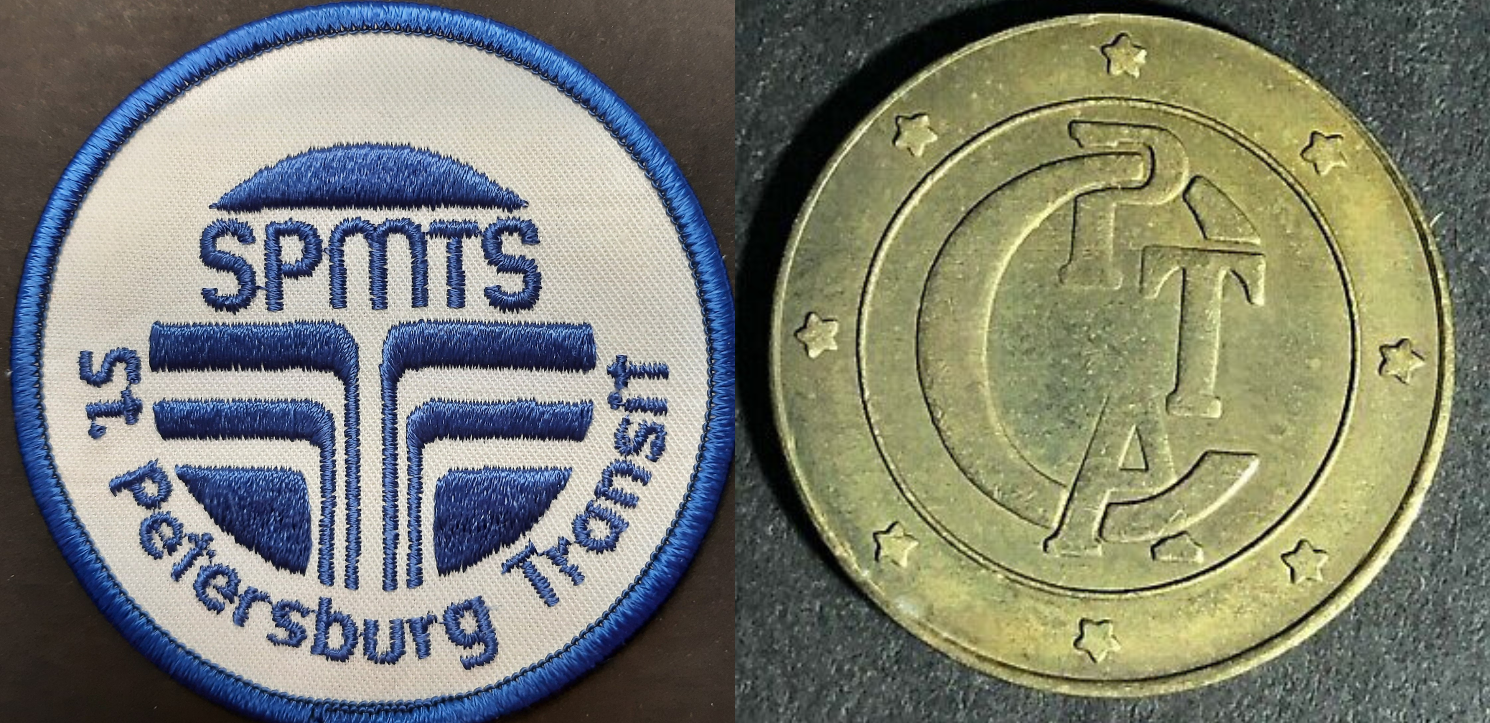 On the left is a blue and white SPMTS patch and on the right is a gold token with a different CPTA logo with stars circling it