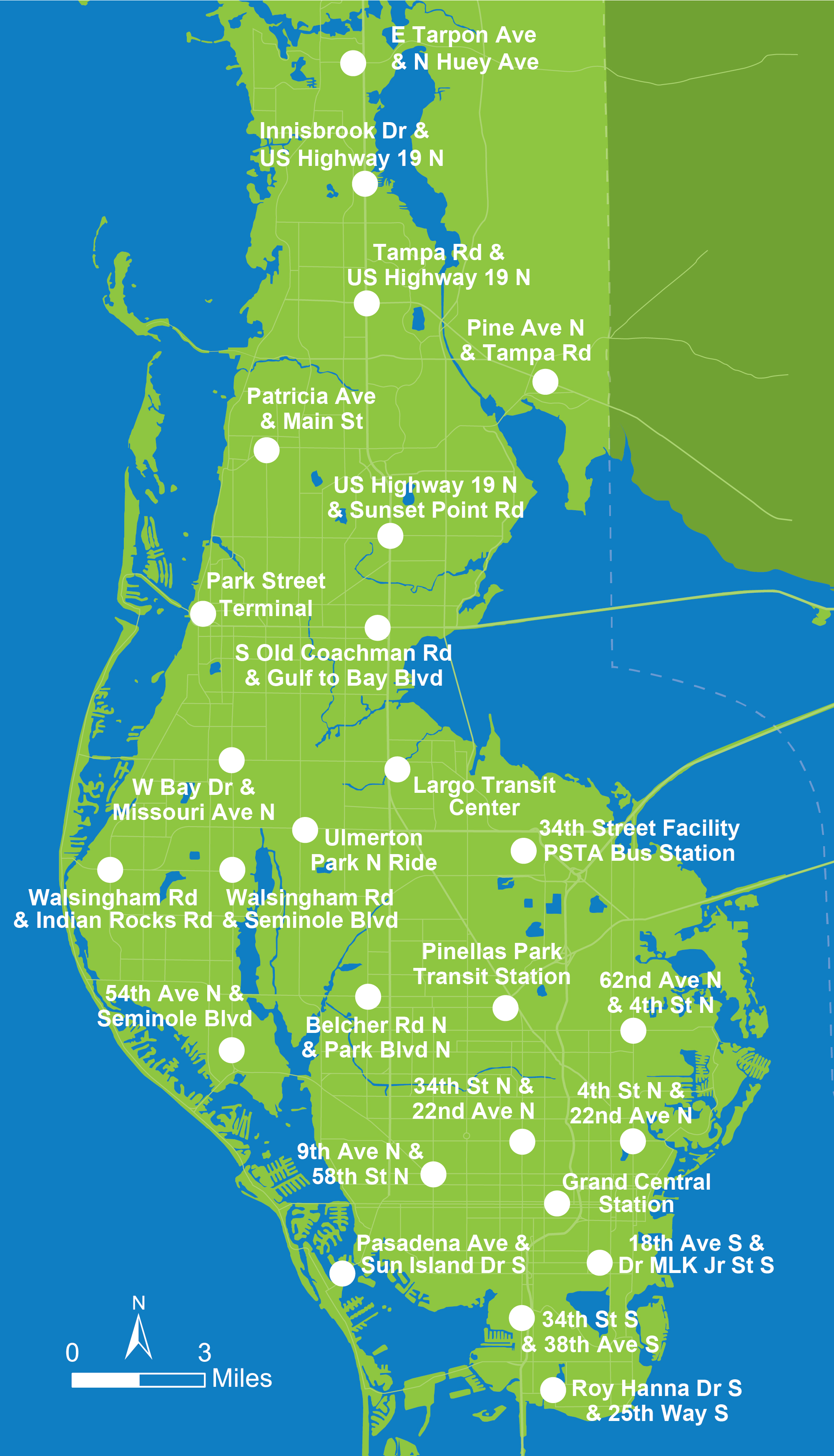 A map of Pinellas County, showing white dots at all the Direct Connect locations throughout the county.