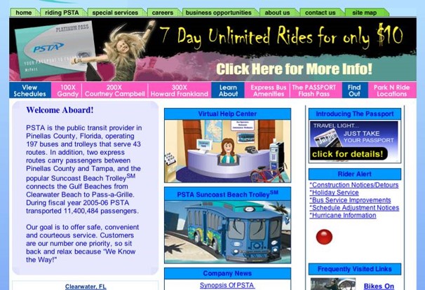 A screenshot of PSTA's first website home page in the early 2000s.