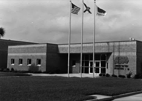 A black and white photo of the new South Division building for PSTA