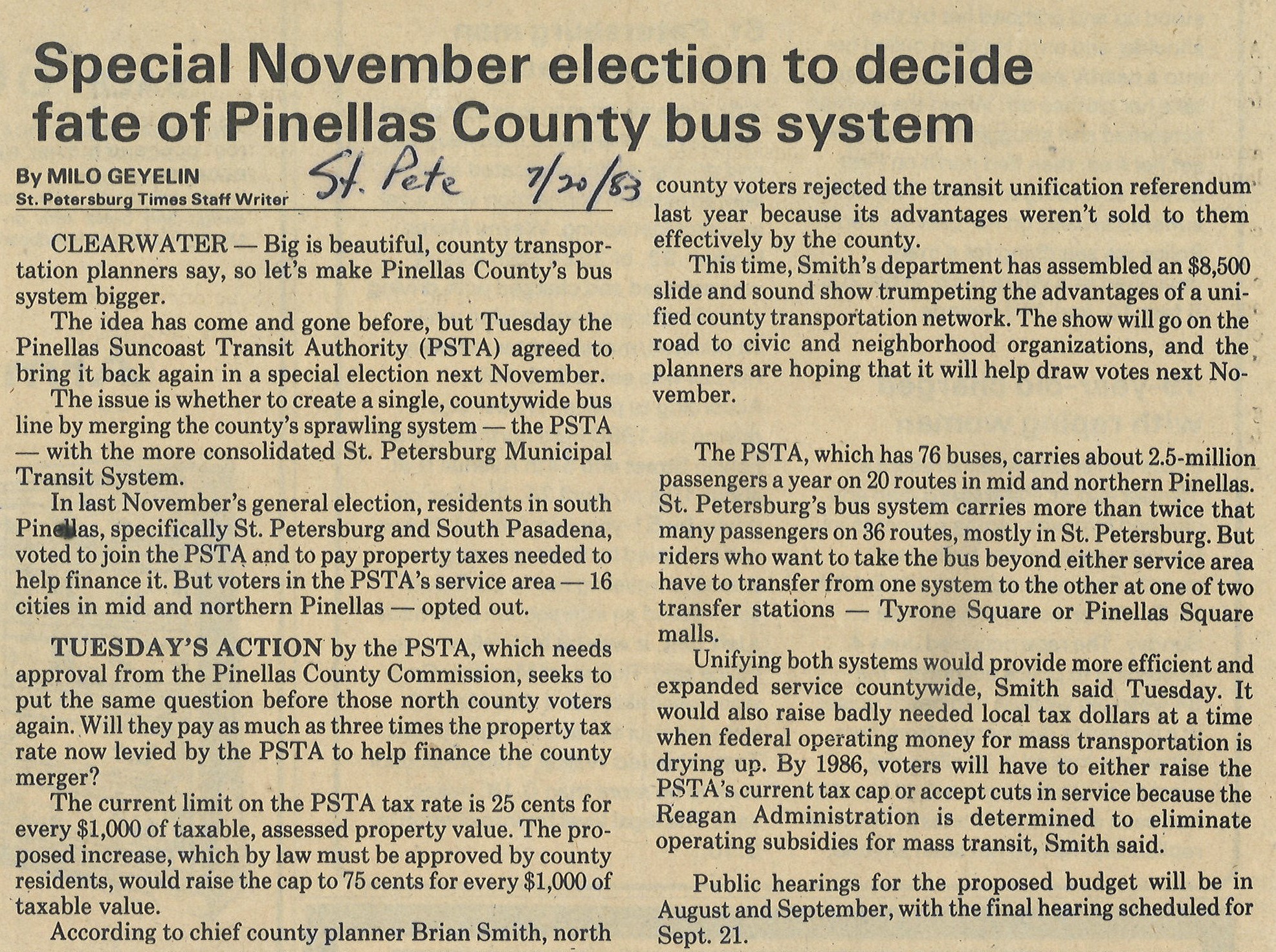 A 1983 newspaper clipping titled "Special November Election to Decide Fate of Pinellas County Bus System"