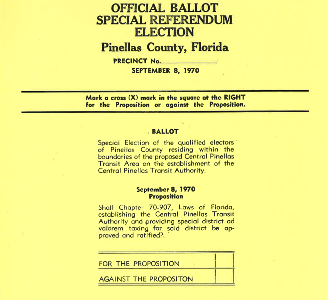 A sample ballot on yellow paper for a special referendum election to approve the creation of the Central Pinellas Transit Authority