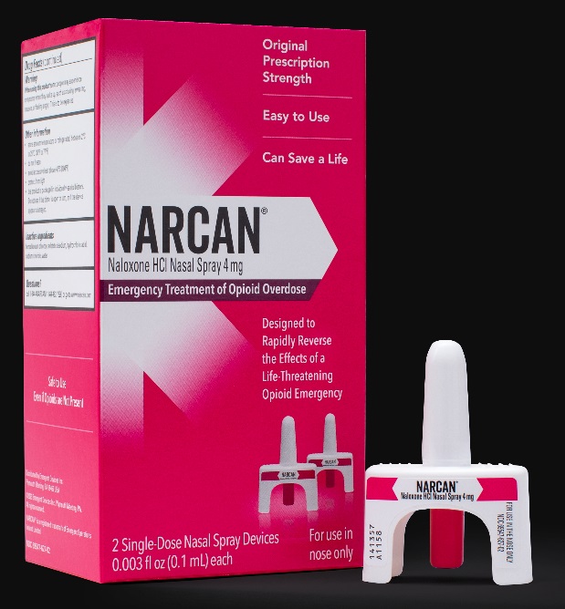 A photo of Narcan/Naloxone nasal spray and box