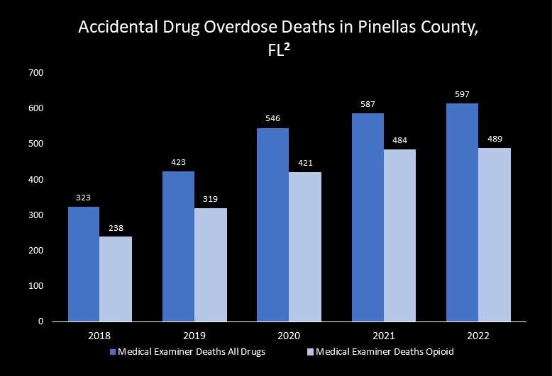 A bar graph of accidental drug overdose deaths in Pinellas County from 2018 to 2022, with side by side bar graphs comparing deaths from all drugs and deaths from opioids.