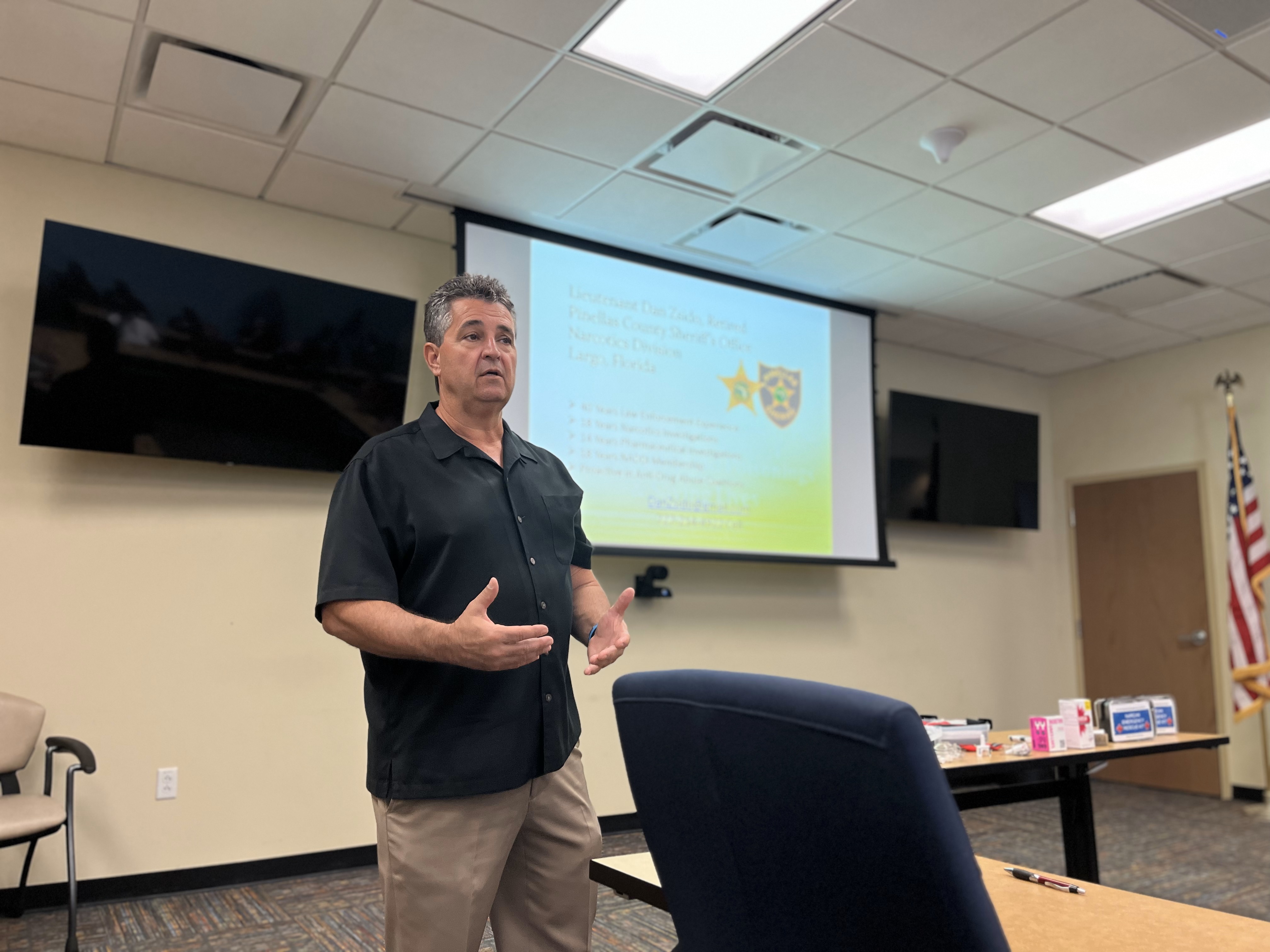 A picture of retired Lieutenant Dan Zsido presenting his Narcan/Naloxone training to PSTA employees