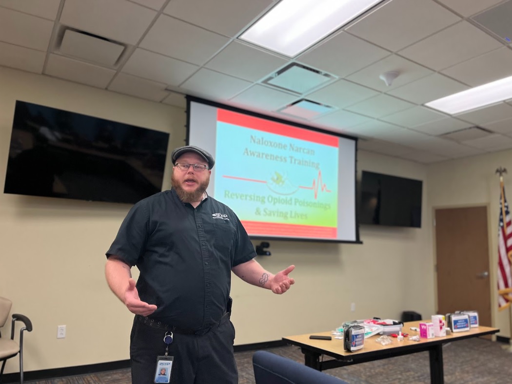 A picture of Security & Training Supervisor, Eddie Kester, introducing the Narcan/Naloxone training to PSTA staff.