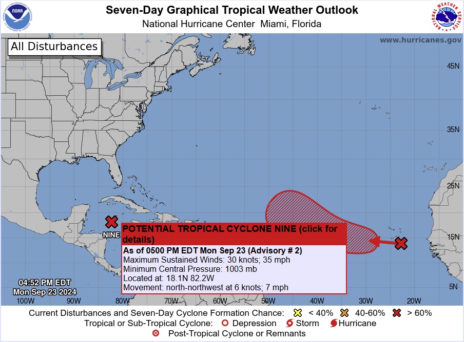 A map of the Atlantic coast of the US showing potential hurricane development called PT9, which eventually become Hurricane Helene