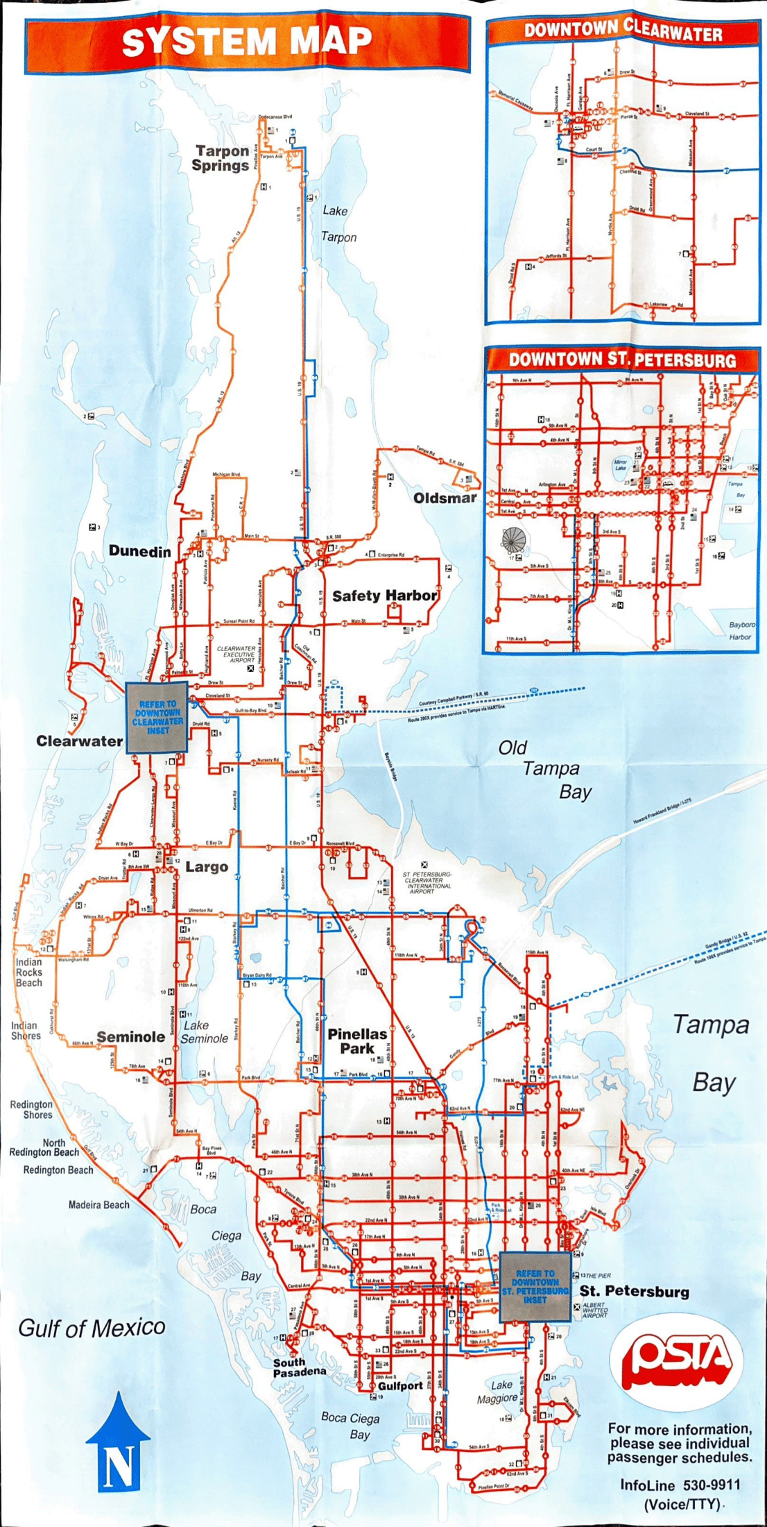 A 1995 PSTA system map showing Pinellas in white with red lines to indicate standard fixed-route services and blue lines to indicate limited special routes.