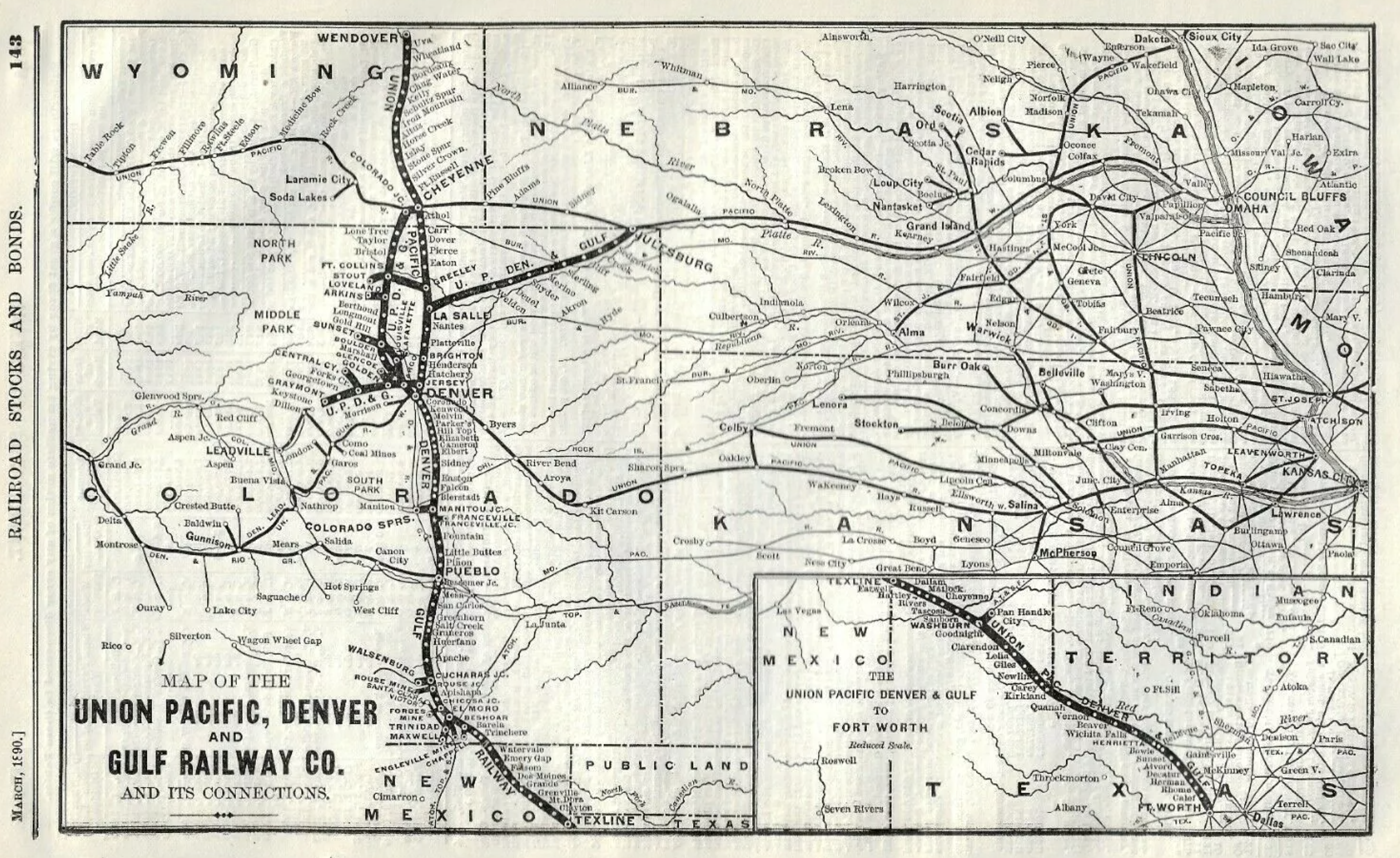 An 1890 map of the Union Pacific, Denver and Gulf Railway Co. and its connections along the borders of Wyoming, Nebraska, Colorado, Kansas. There is in inset map at the bottom right showing another rail line in New Mexico, Texas, and "Indian Territory."