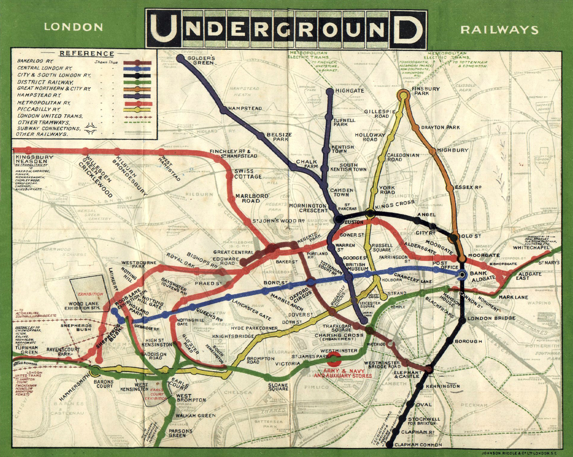 A 1908 map of the London Underground Railways featuring several multi-colored lines representing the different trains of the London Tube.