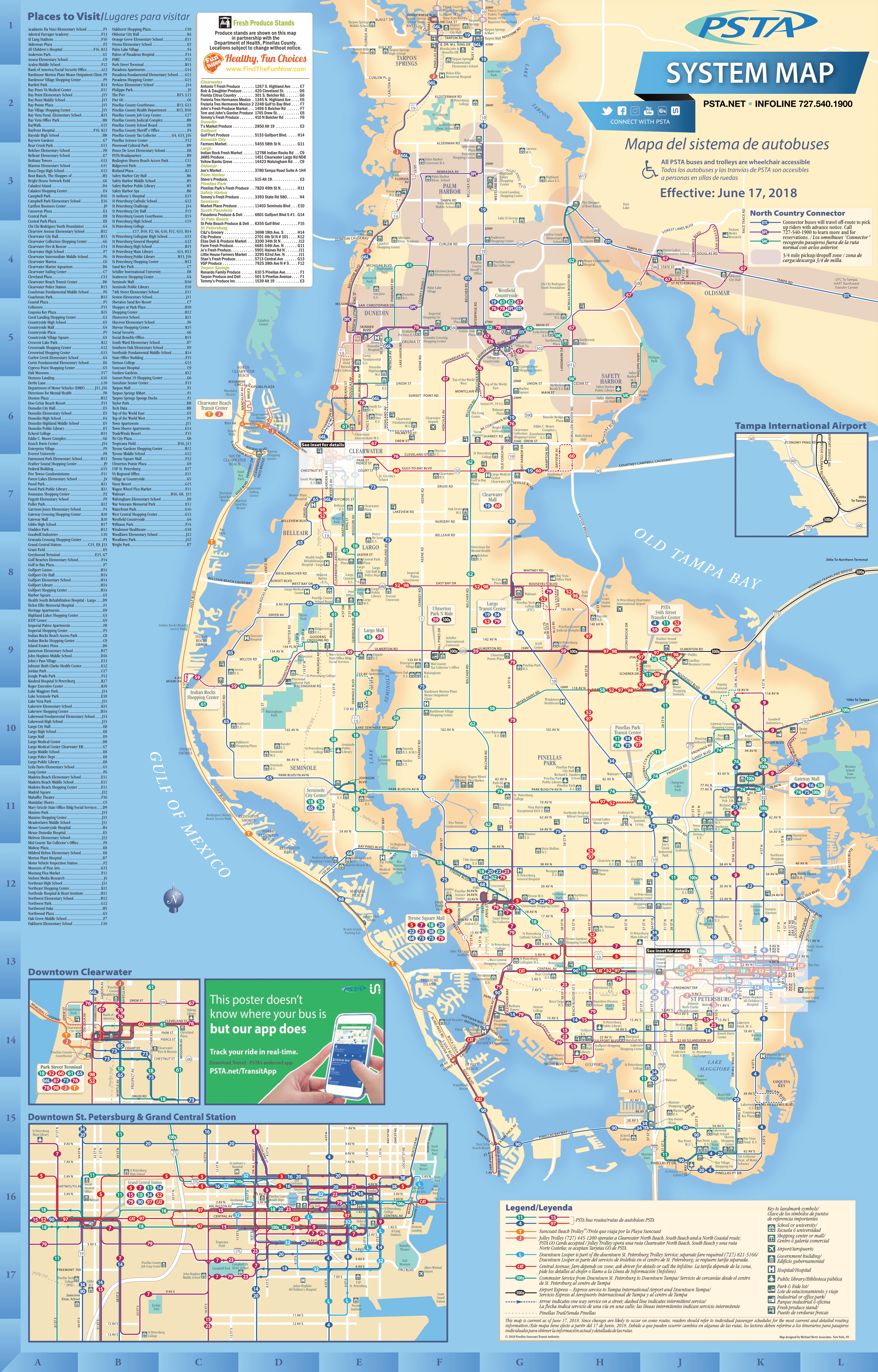 A 2018 PSTA system map showing Pinellas in parchment yellow color. Many different colors are used to represent different routes. There's a very packed legend of "Places to Visit" in the upper left hand corner.