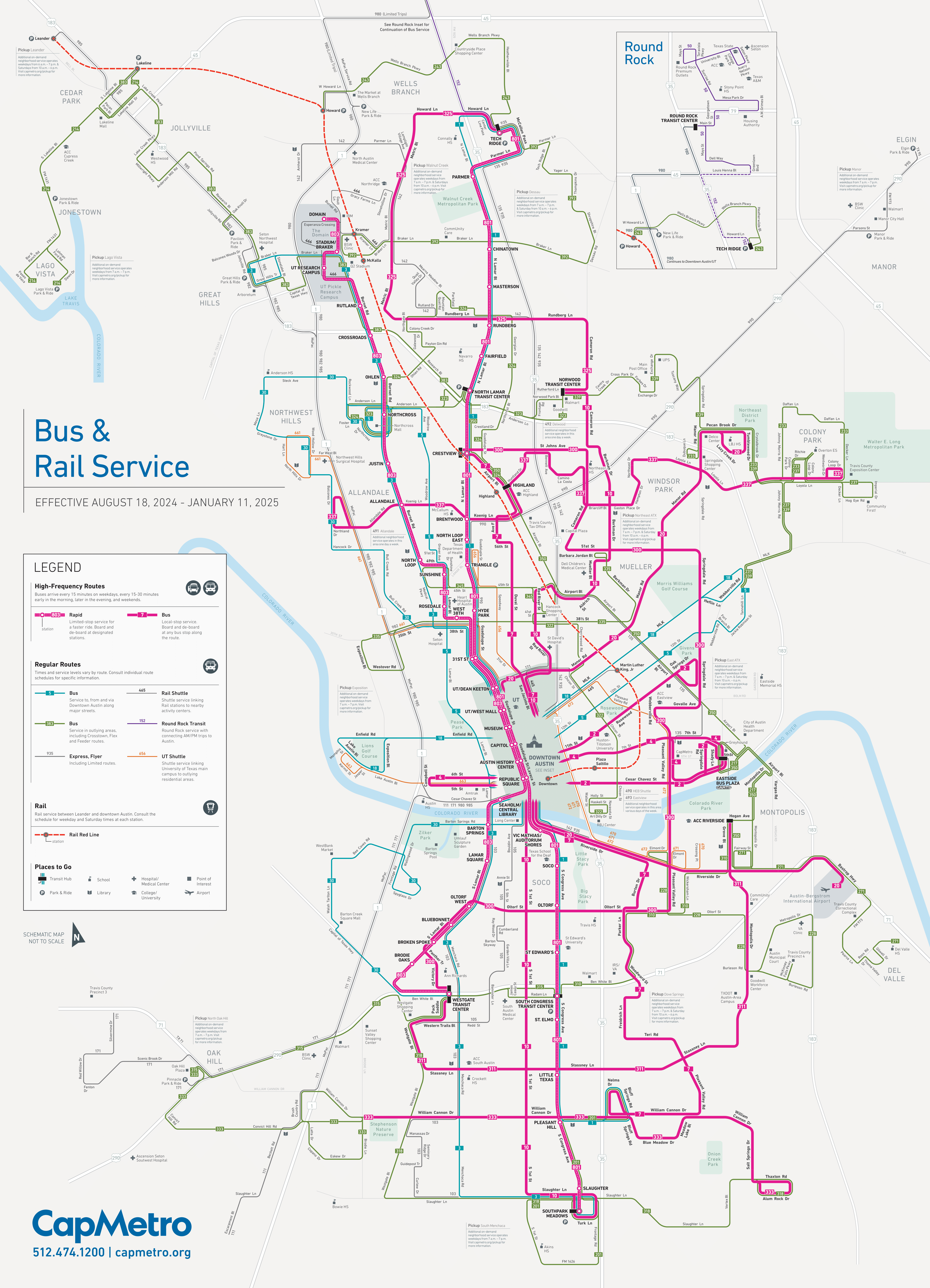 CapMetro's system map featuring a white map and pink, green, and grey lines to indicate different routes. The lines have different thicknesses to indicate busier roads and routes.