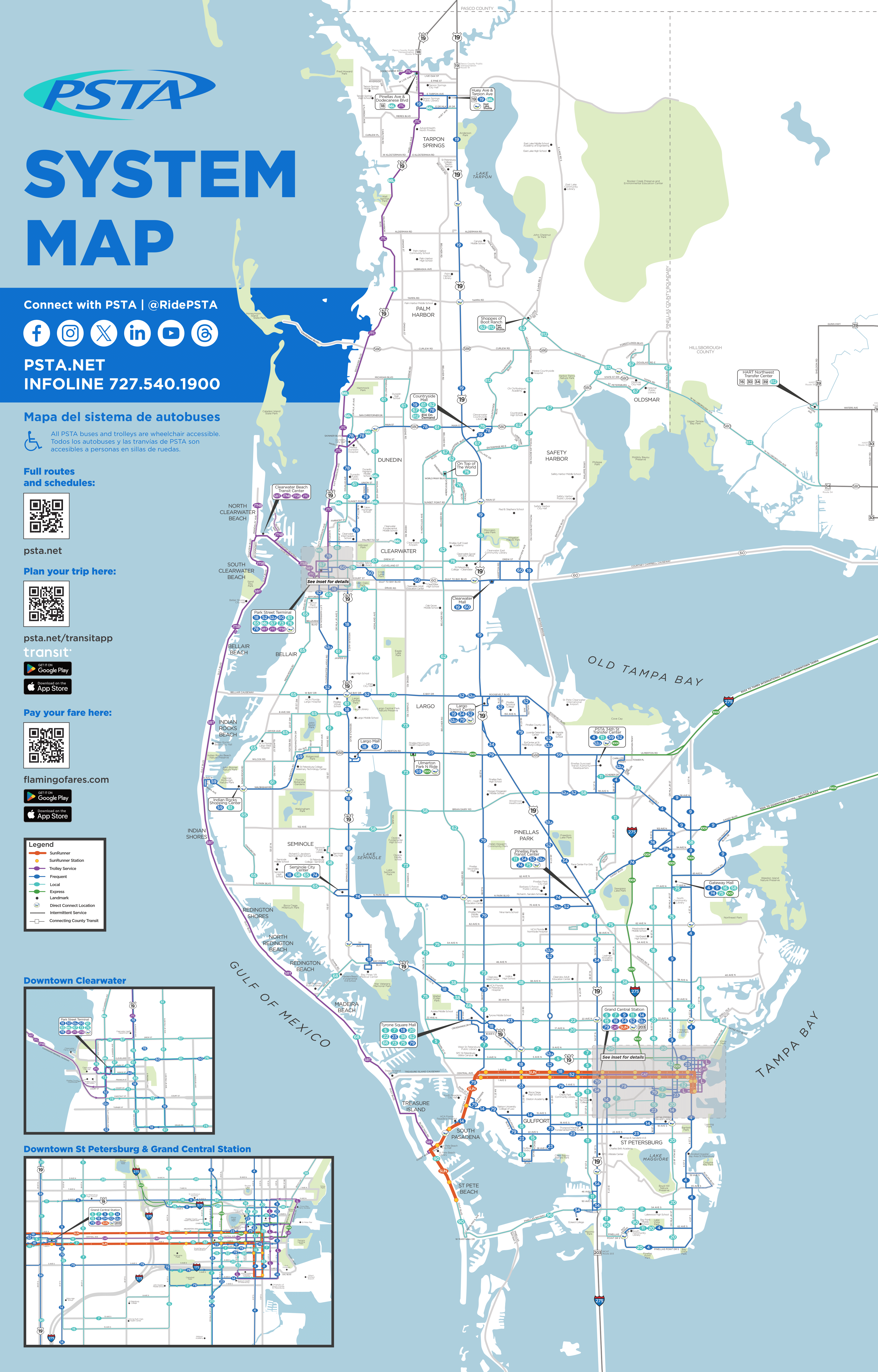 PSTA's current system map showing Pinellas County in white, with teal, light blue, and dark blue lines indicating the routes. At the bottom left there are two inset maps showing downtown St. Petersburg and downtown Clearwater.