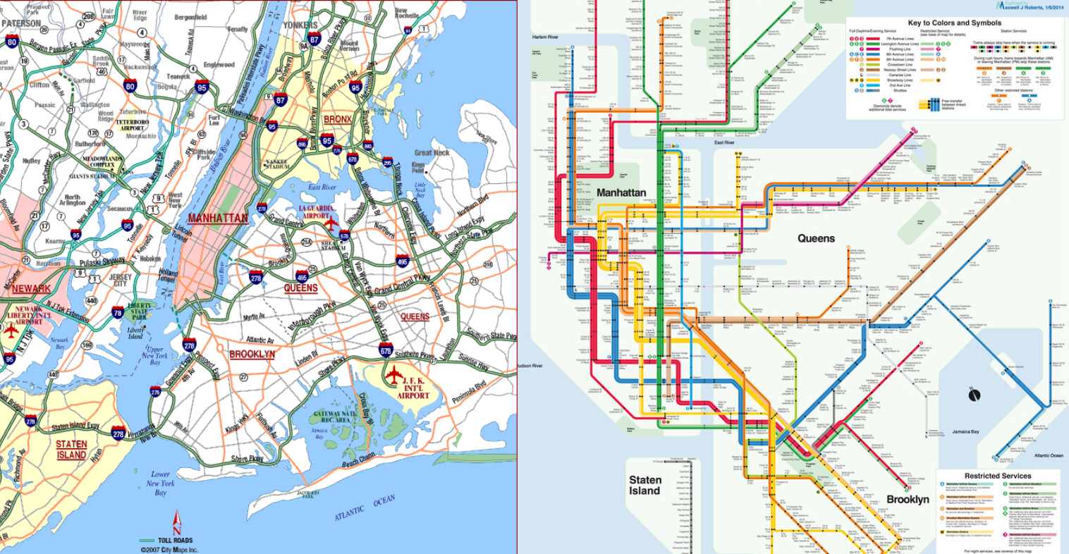 A side-by-side comparison of a geographically accurate map of New York City (left) and a diagrammatic schematic of the New York City subway system (right). The subway map has dramatically altered the geography of NYC, using straight lines and hard angles to simplify the design.