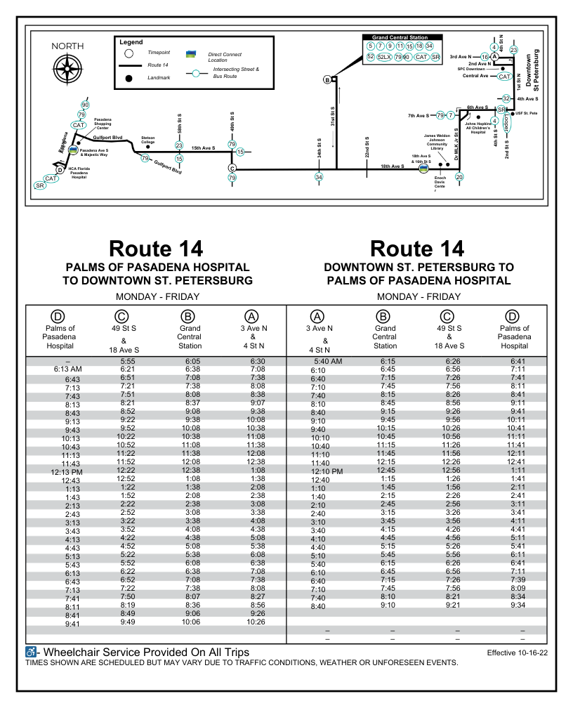 The top of the route schedule shows a stick map for Route 14, which serves Palms of Pasadena Hospital to downtown St. Petersburg. Below the stick map is a list of timepoints and their arrival times.