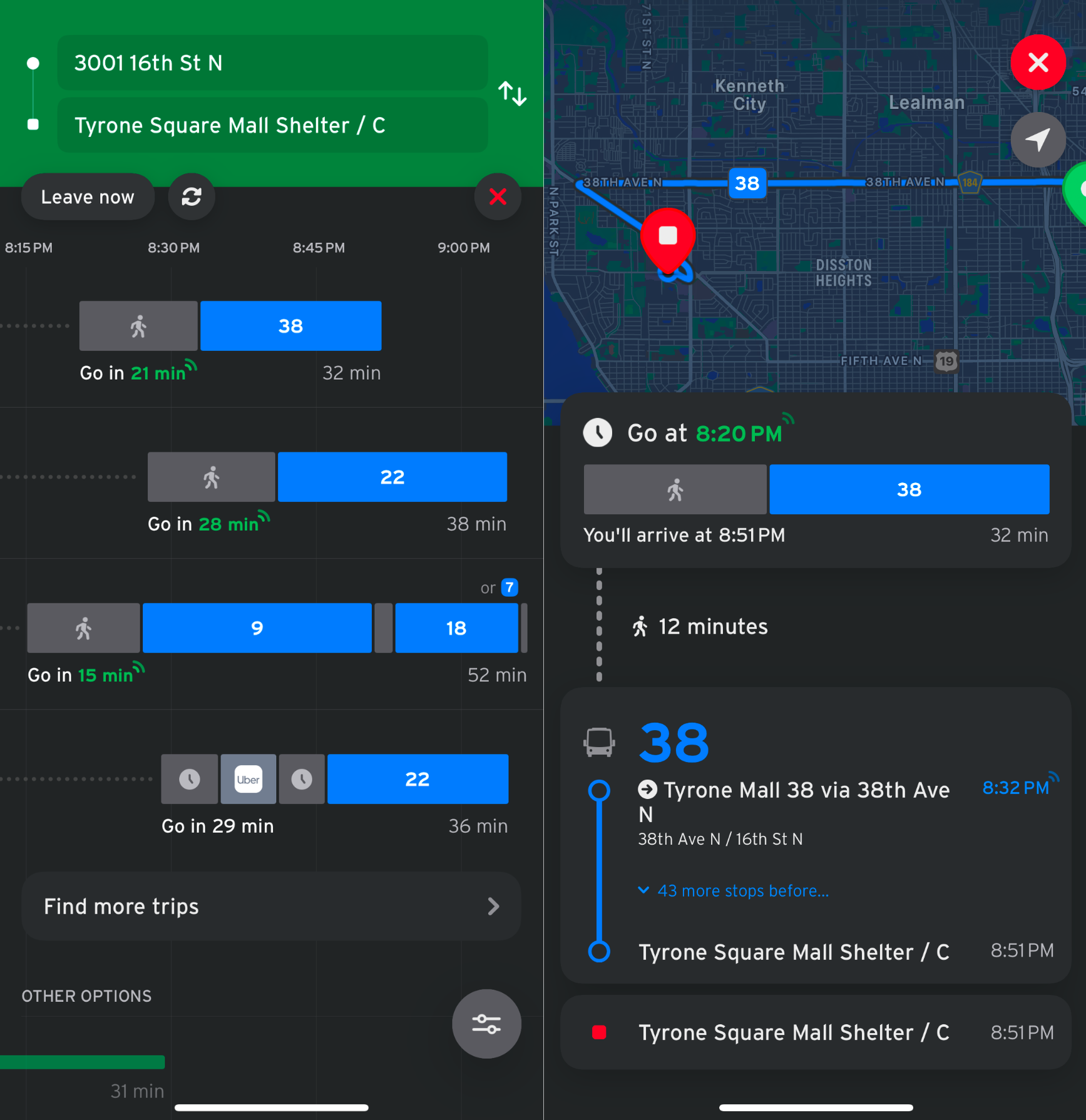 Two side by side screenshots of the Transit app. The one on the left shows several different route options to Tyrone Square Mall and the one on the right shows a map view of the route.