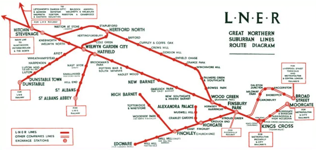 Branch red lines represent the rail lines with green text labelling the stations along the routes. Unlike the other transit maps thus far, this one does not reference any geography on the map, only the rail lines.