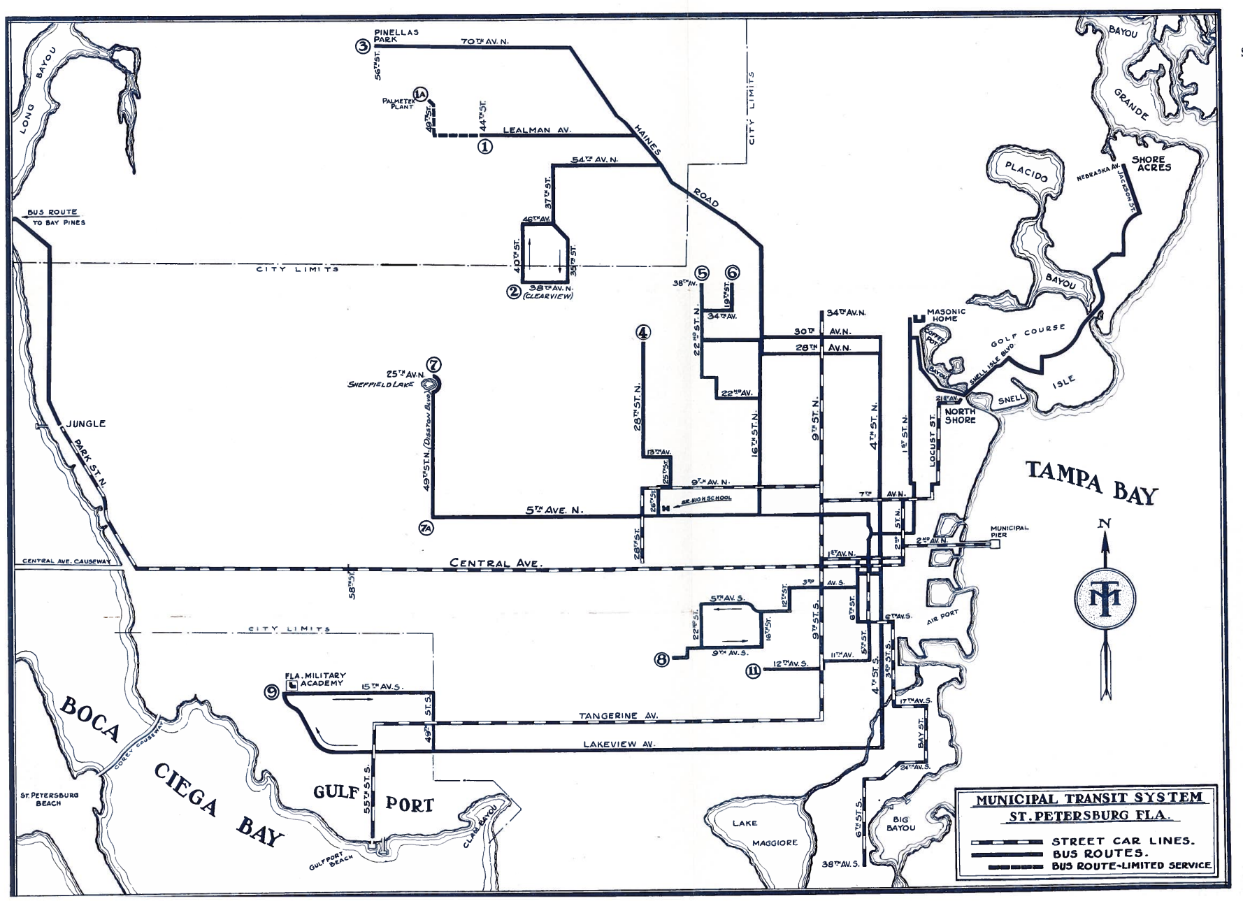 A white and dark blue map from 1942 of southern Pinellas County. Solid, dotted, and checkered lines indicate street car lines, bus lines, and limited bus service.