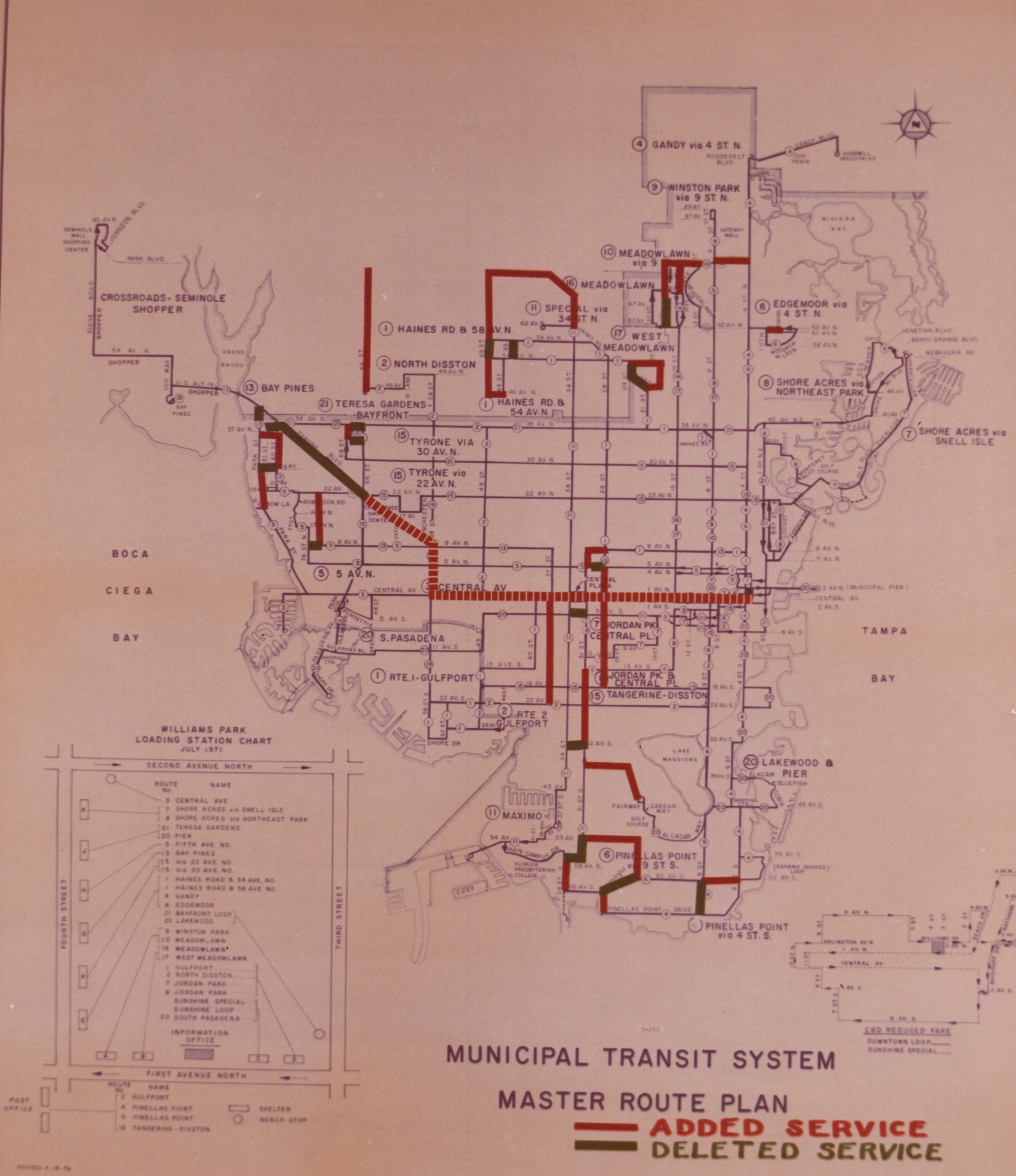 A photograph of a large map of southern Pinellas County showing the bus lines operated by St. Petersburg Municipal Transit System in the 70s. This map is their master route plan and shows services they planned to add and remove in 1971-1972.