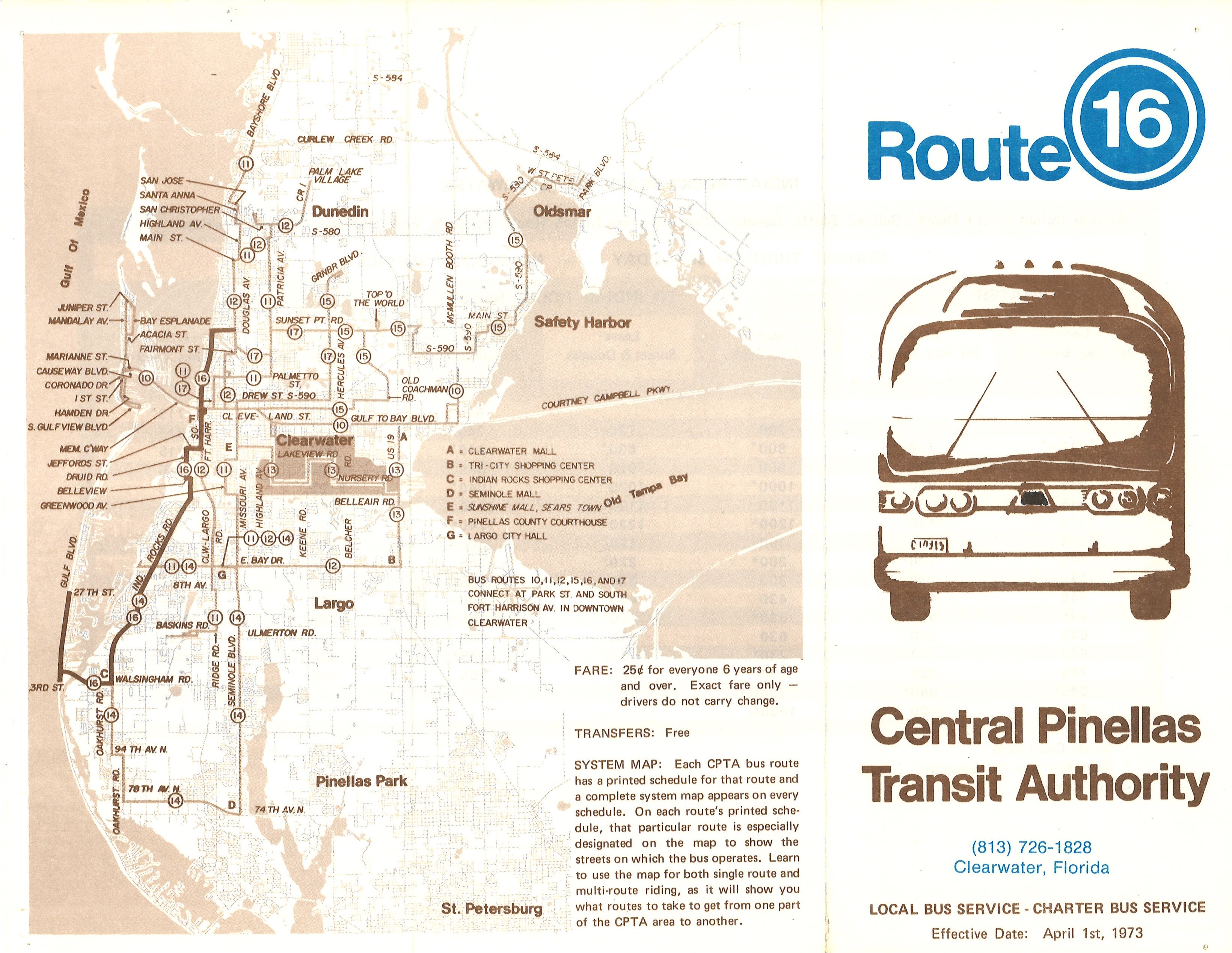 The map of a route schedule released by Central Pinellas Transit Authority from April 1st, 1973. The map shows Route 16, which served along the coast of Clearwater down to Indian Rocks Beach and Bellair Bluffs.