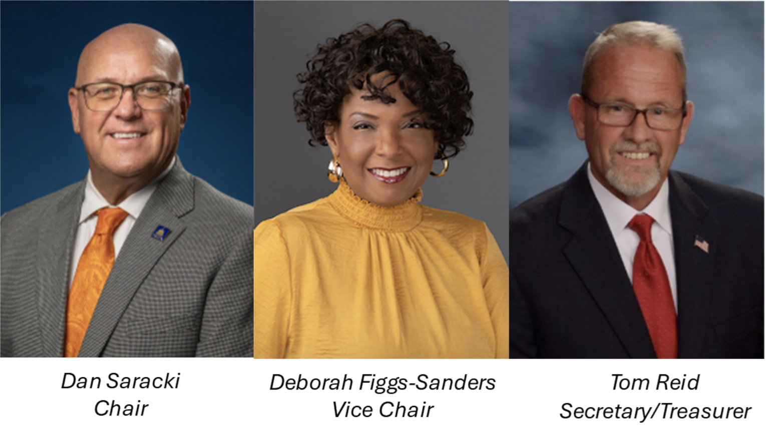 Three photos of the new board of directors leadership: left is Chair Dan Saracki, middle is Vice Chair Deborah Figg-Sanders, and right is Secretary/Treasurer Tom Reid