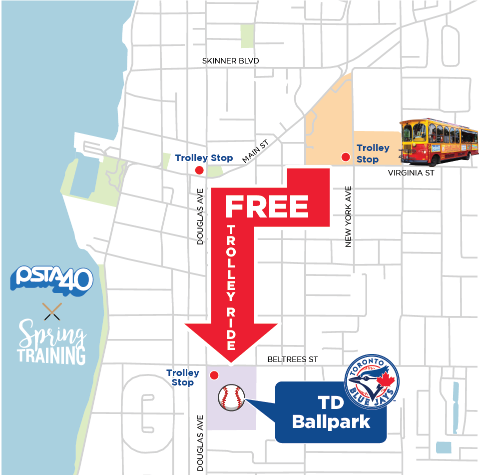 Map showing the free park and ride to TD Ballpark for Blue Jays Spring Training