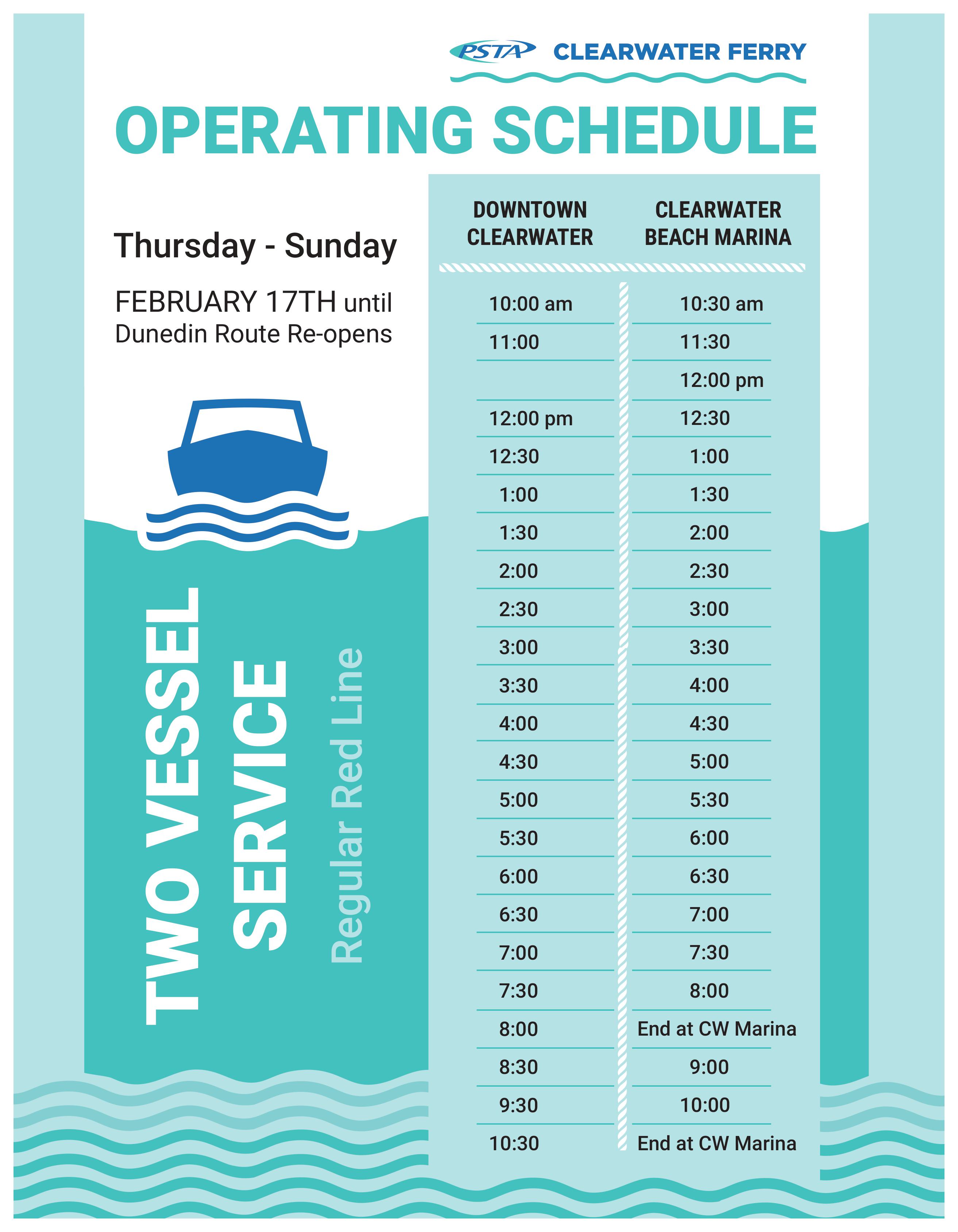 The operating schedule for the Clearwater Ferry