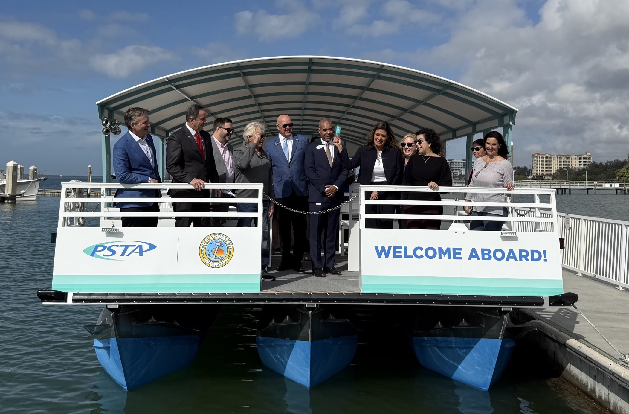 The ceremonial bottle-breaking on the new PSTA Clearwater Ferry.