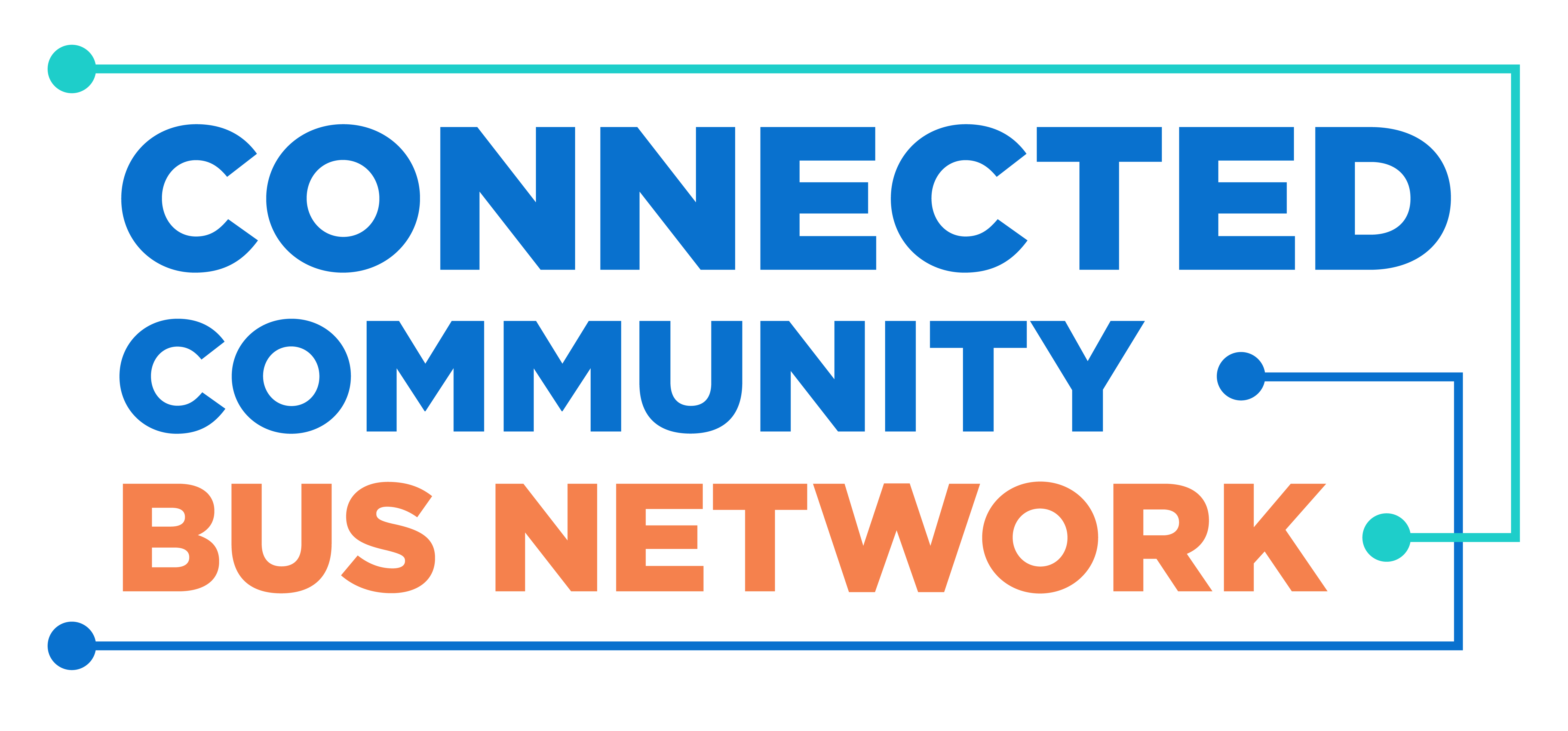 A blue, teal, and orange logo that says "Connected Community Bus Network" with lines like circuits around the words.