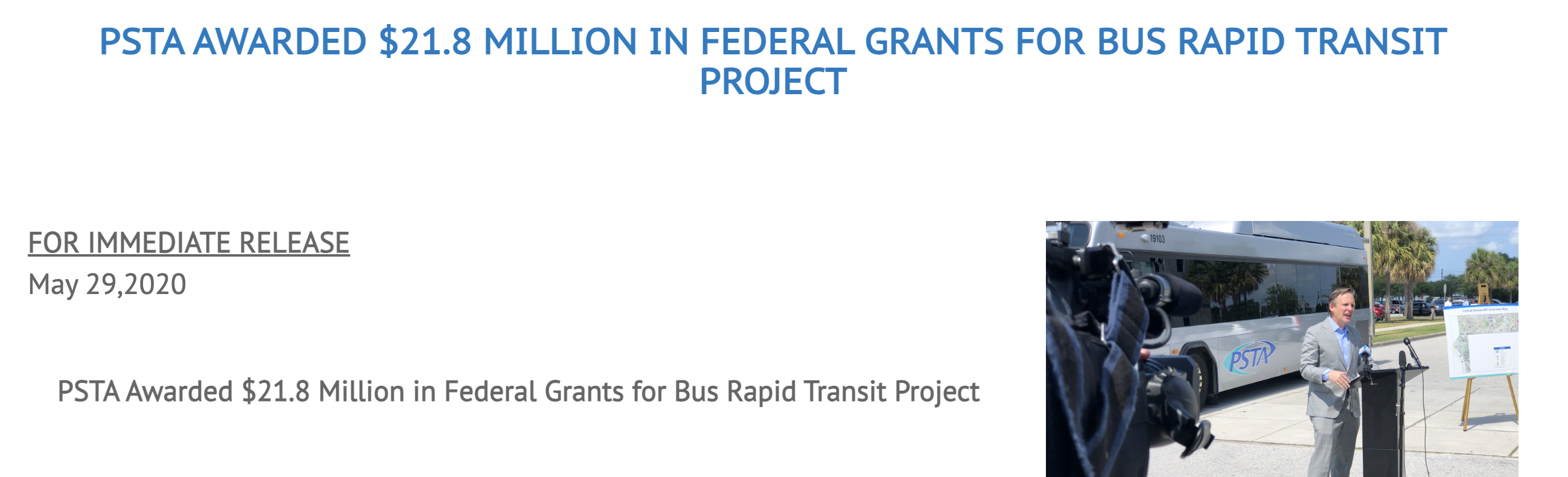 The beginning of a PSTA press release titled "PSTA Awarded $21.8 Million in Federal Grants For Bus Rapid Transit Project"