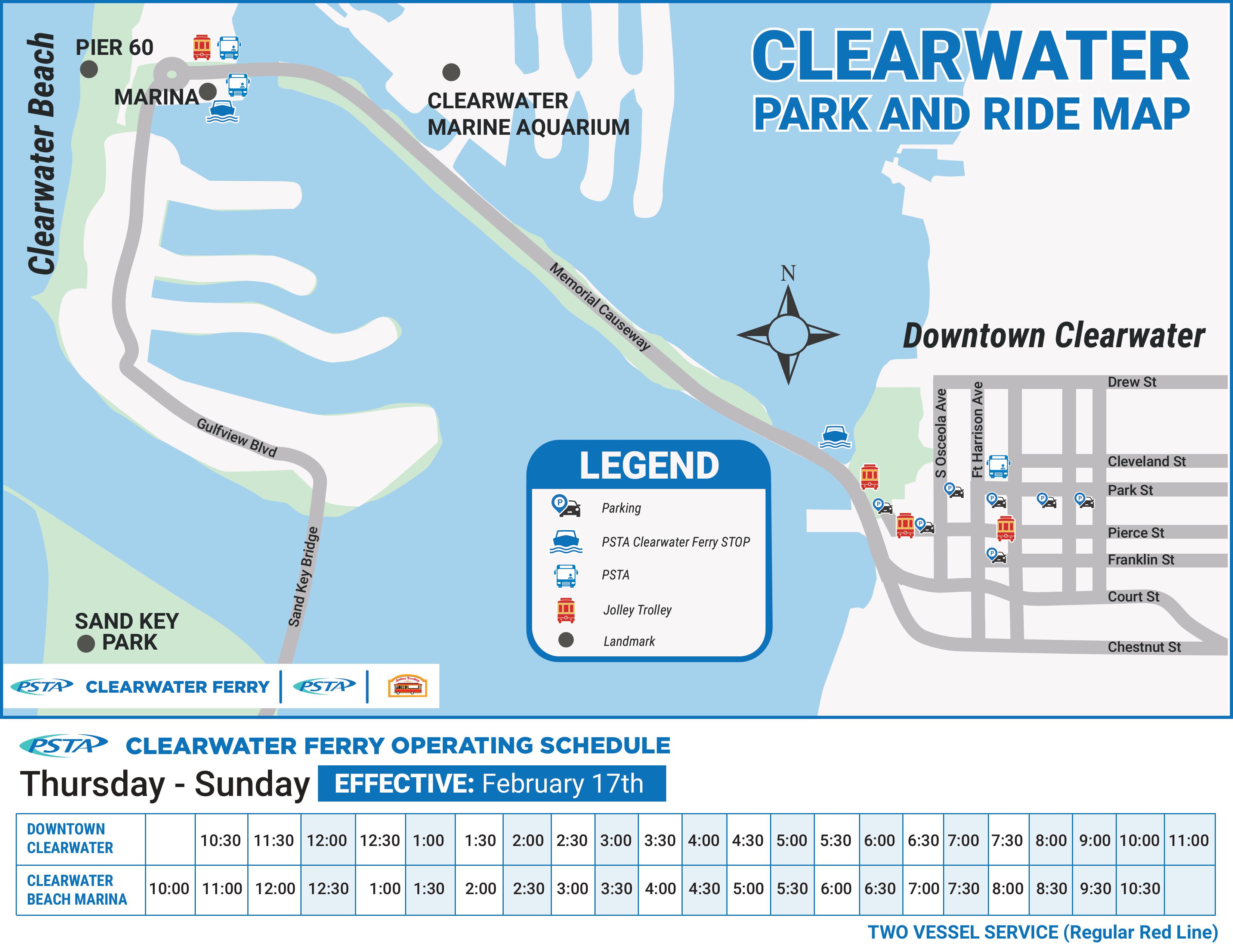 A Park and Ride map for the Clearwater Ferry with a schedule table at the bottom.