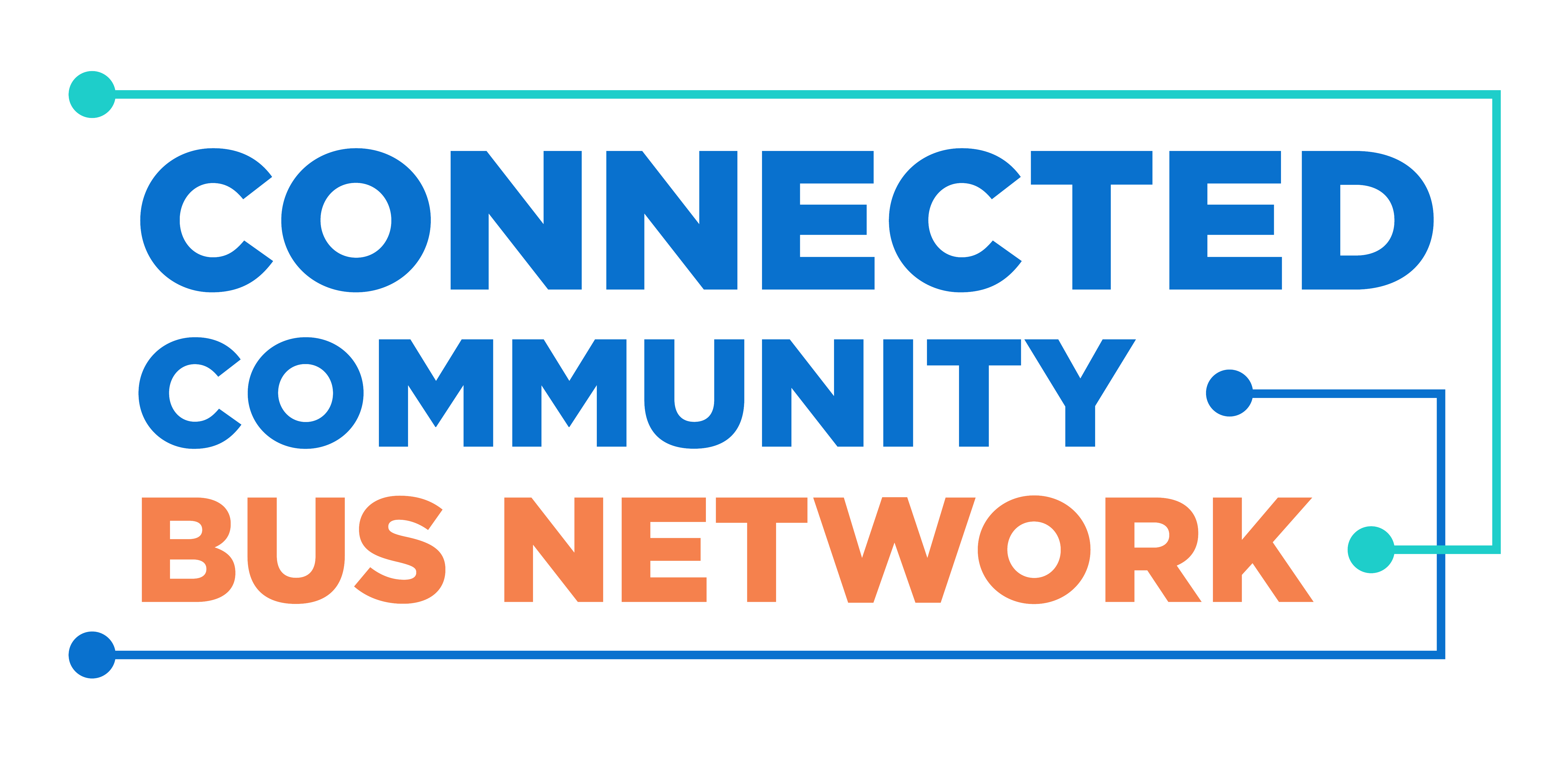 A blue, teal, and orange logo for the Connected Community Bus Network with lines connecting the words like a circuit board