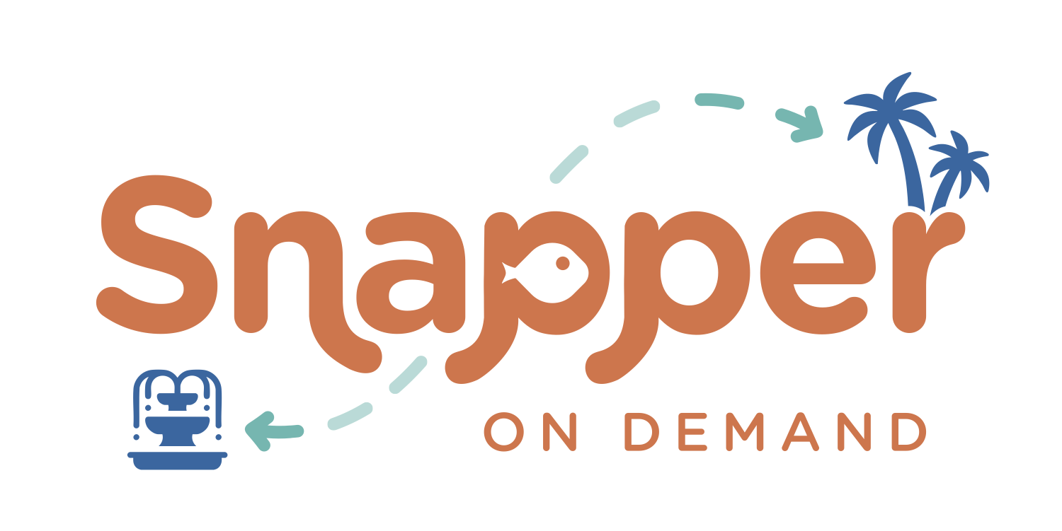 An orange, teal, and blue logo that reads "Snapper On Demand" that shows an arrow pointing from palm trees to a fountain that represents the one in downtown Safety Harbor