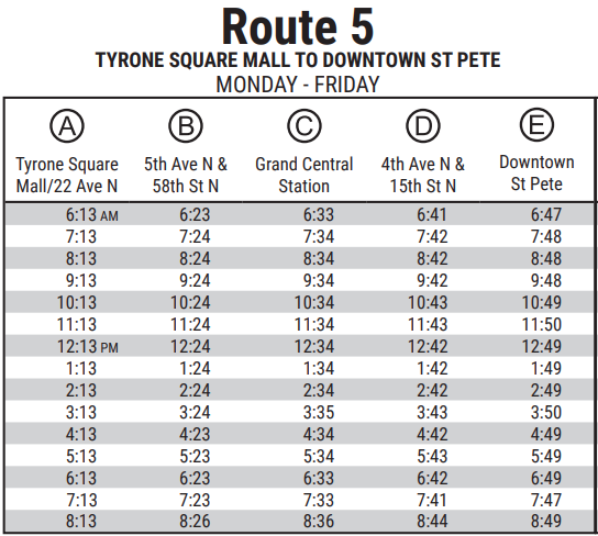 A schedule timetable for Route 5