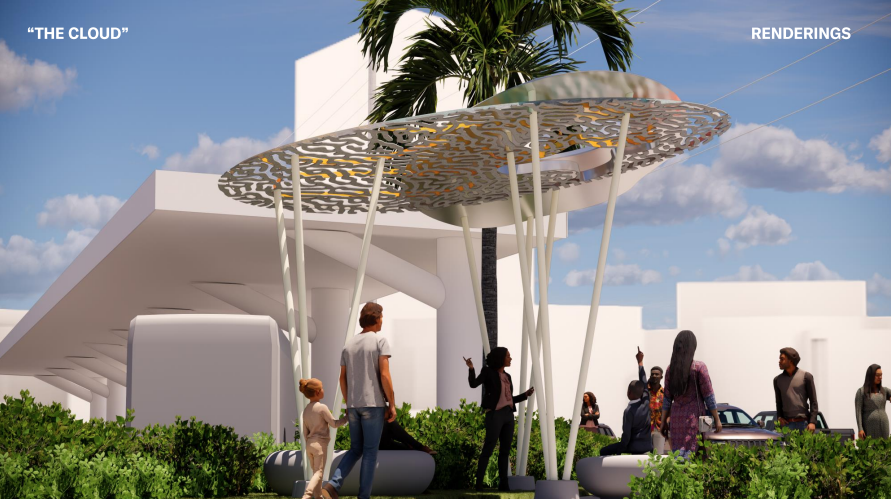 The cloud art installation rendering. People standing under the cloud art installation
