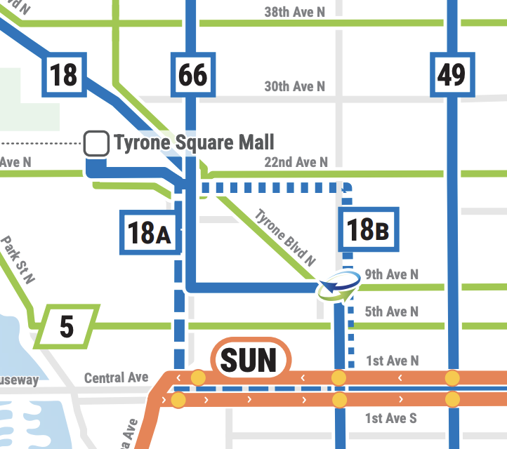 A snapshot of PSTA's system map near Tyrone Square Mall showing variant Routes 18A and 18B and how they diverge.