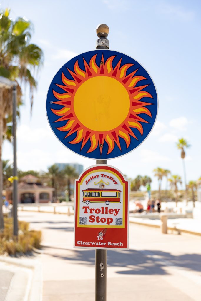 Bus stop sign for the Jolley Trolley to take to Clearwater Beach.