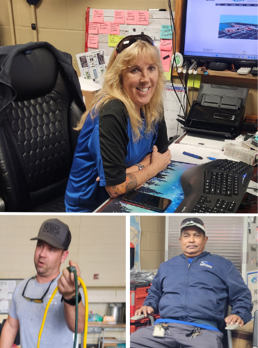 A collage of three images: the top one shows a blonde woman who serves as the Superintendent of Facilities. The two bottom images who two men who work in the Facilities team.