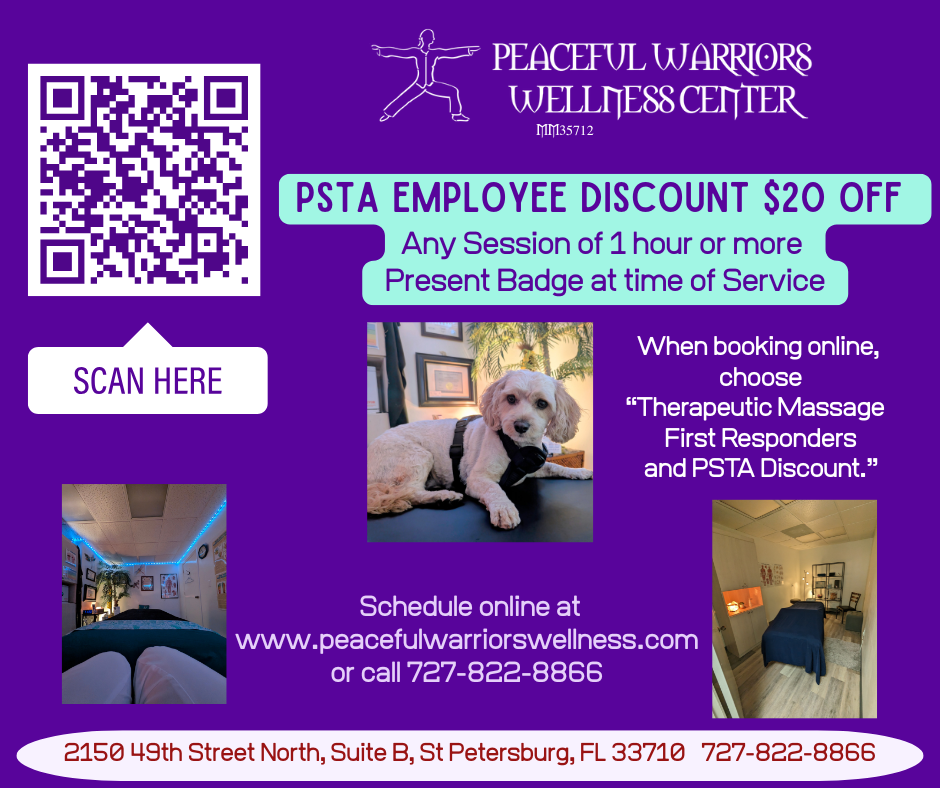 A purple graphic advertising a $20 discount on massages through Peaceful Warriors Wellness Center. Schedule online at www.peacefulwarriorswellness.com or call 727-822-8866. It also says "When booking online, choose "Therapeutic massage first responders and PSTA discount"