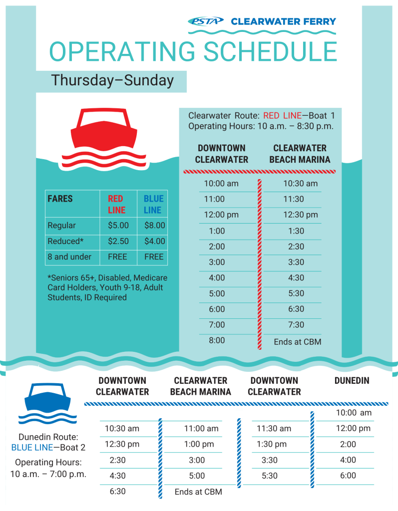 Schedule for Clearwater Ferry's Red and Blue Line going to Clearwater Beach and Dunedin, respectively.