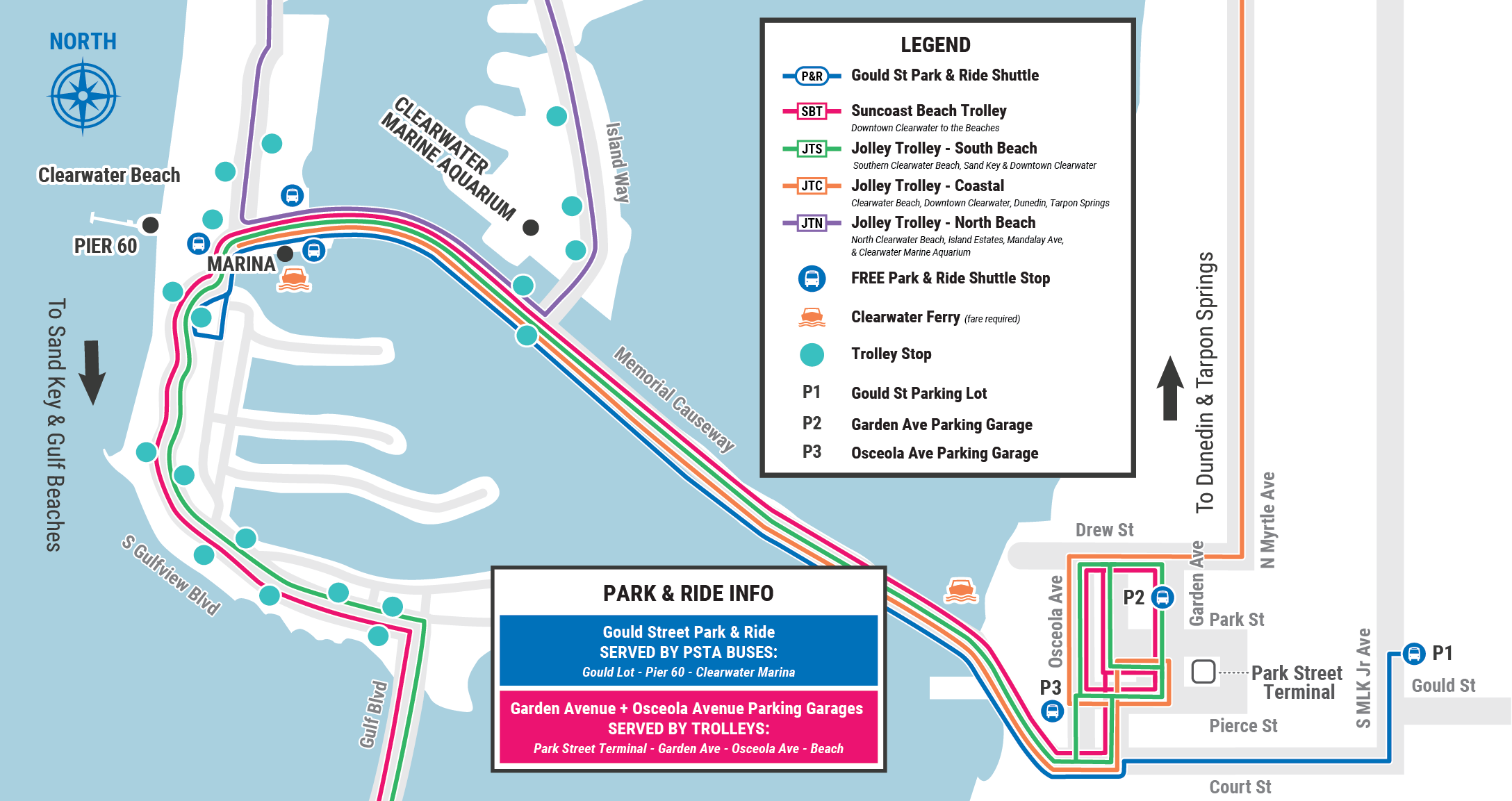 A map showing spring break park and ride lots, trolley routes, and clearwater ferry information