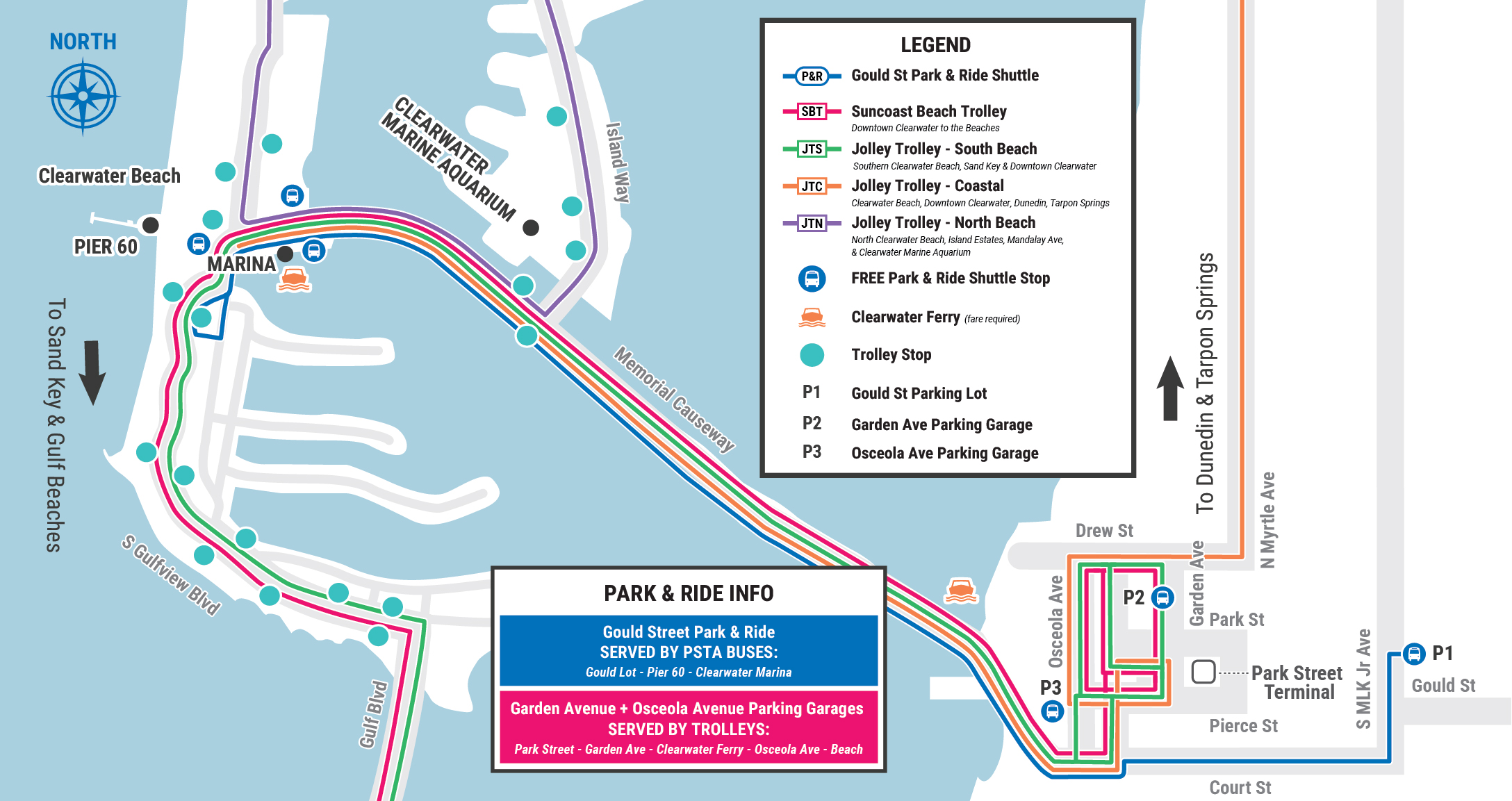 A map showing spring break park and ride lots, trolley routes, and clearwater ferry information