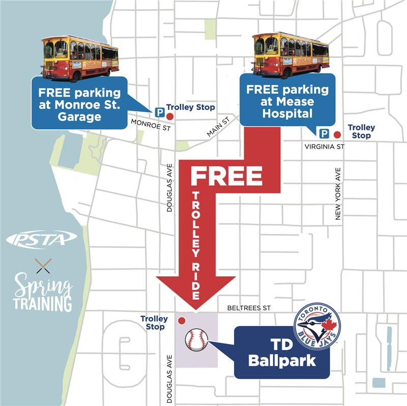 A map showing free trolley service provided between the Monroe St and Mease Hospital park & ride lots.